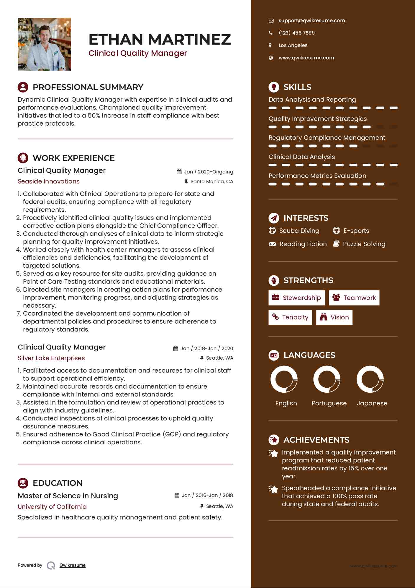 Clinical Quality Manager Resume Example