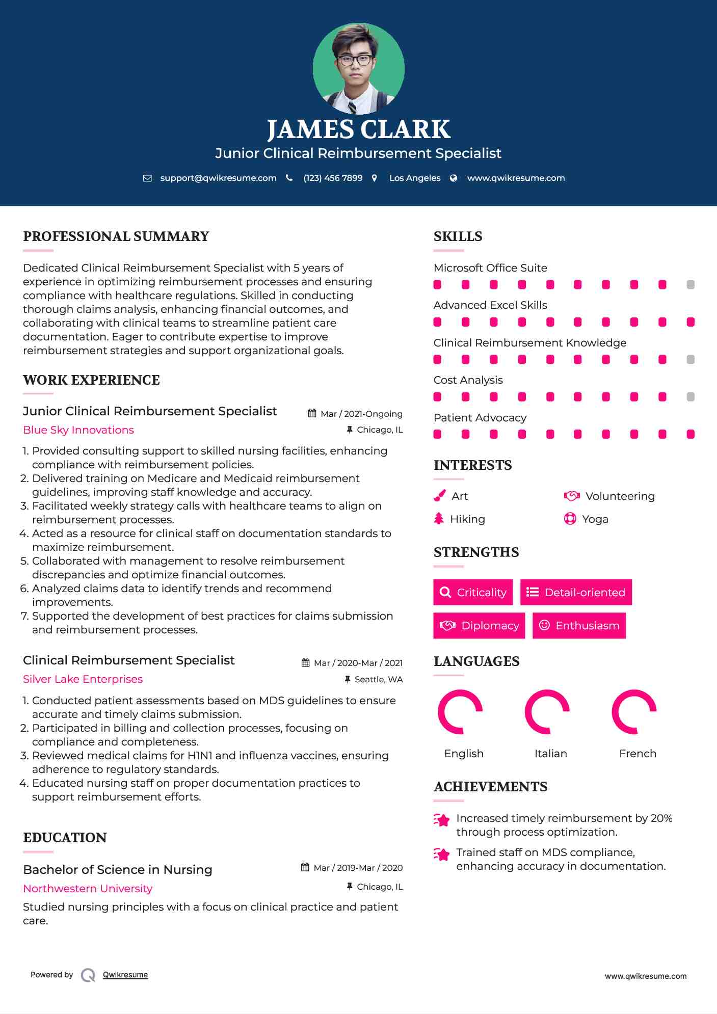 Junior Clinical Reimbursement Specialist Resume Sample