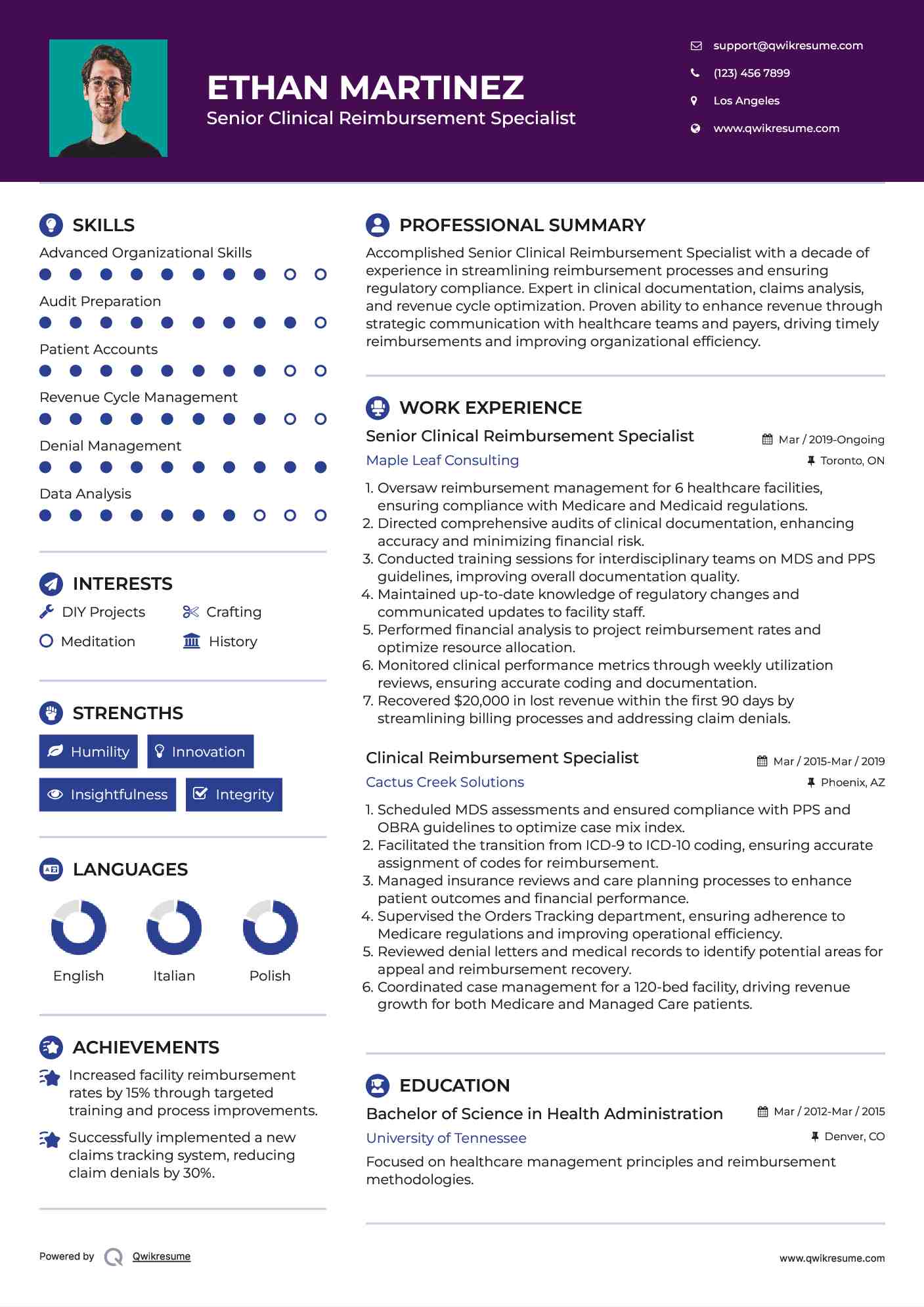 Senior Clinical Reimbursement Specialist Resume Model