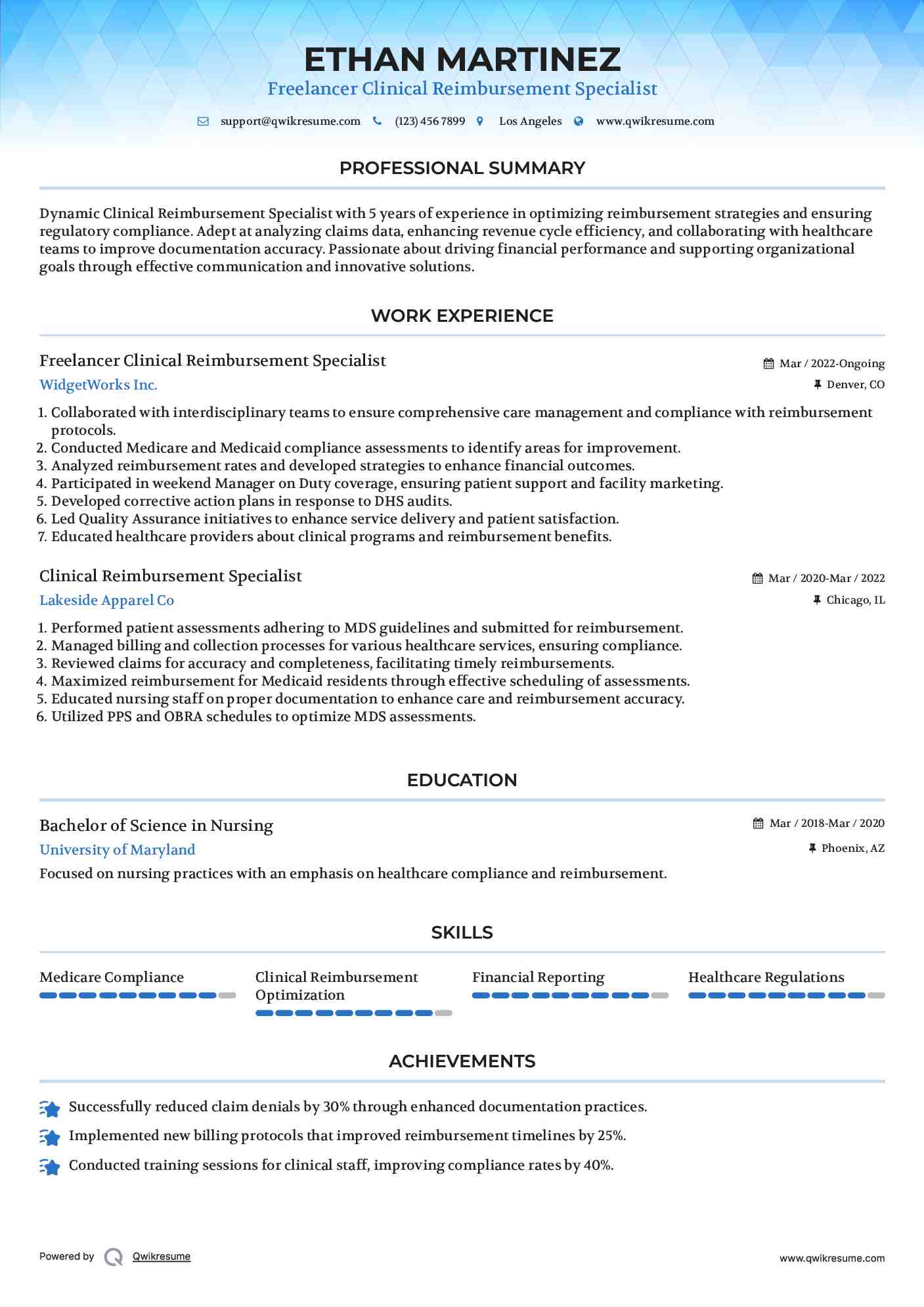 Freelancer Clinical Reimbursement Specialist Resume Template