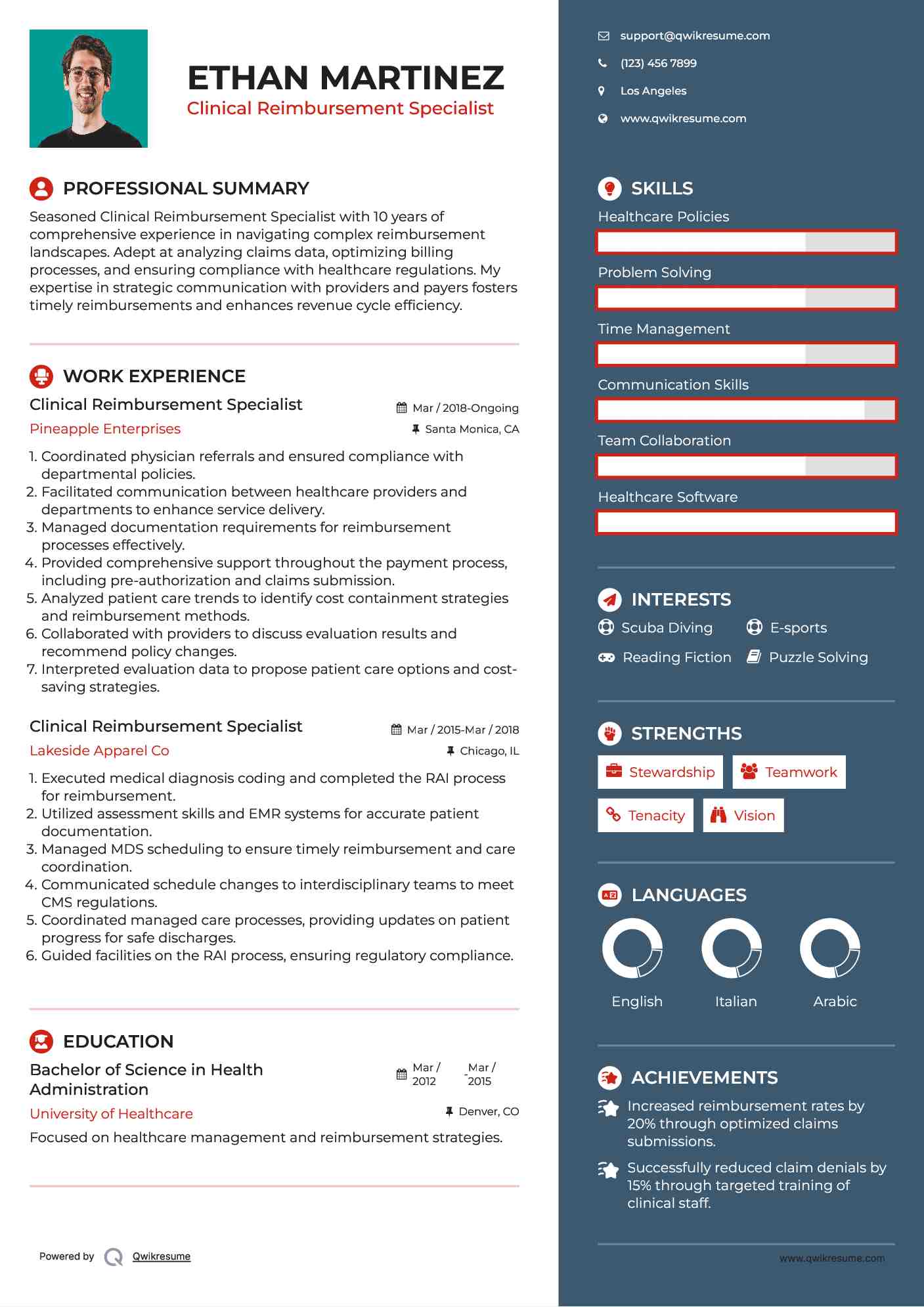Clinical Reimbursement Specialist Resume Example