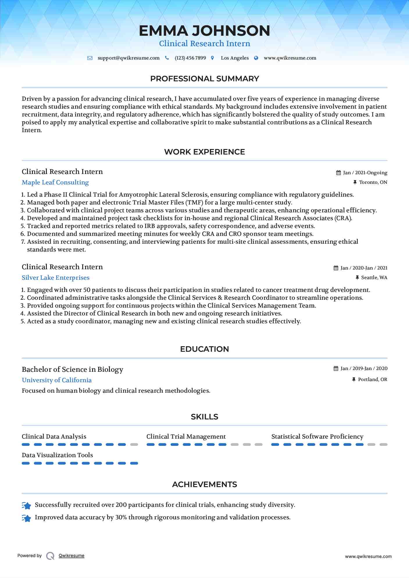 Clinical Research Intern Resume Template