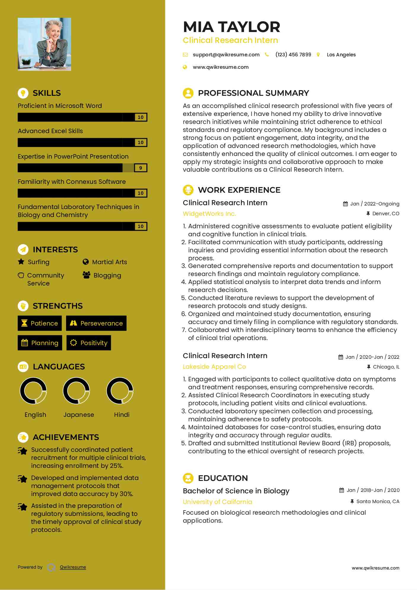 Clinical Research Intern Resume Sample