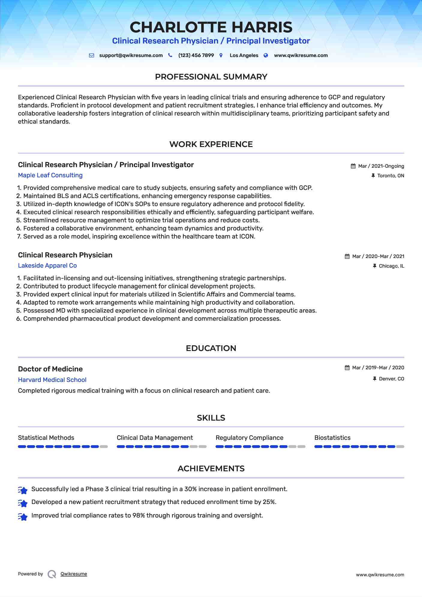 Clinical Research Physician / Principal Investigator
 Resume Example