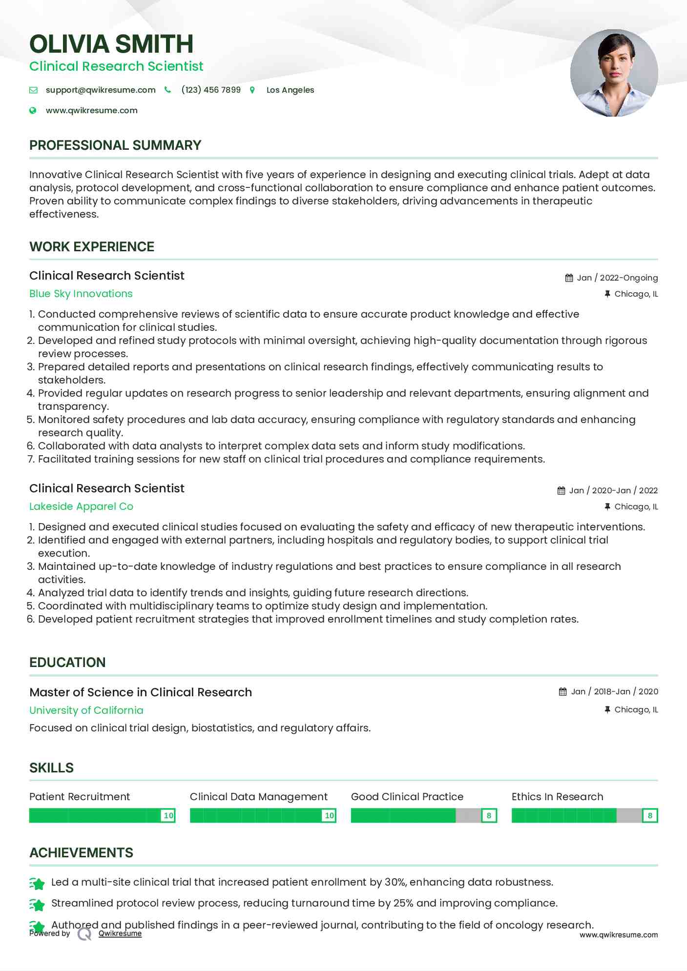Clinical Research Scientist Resume Sample