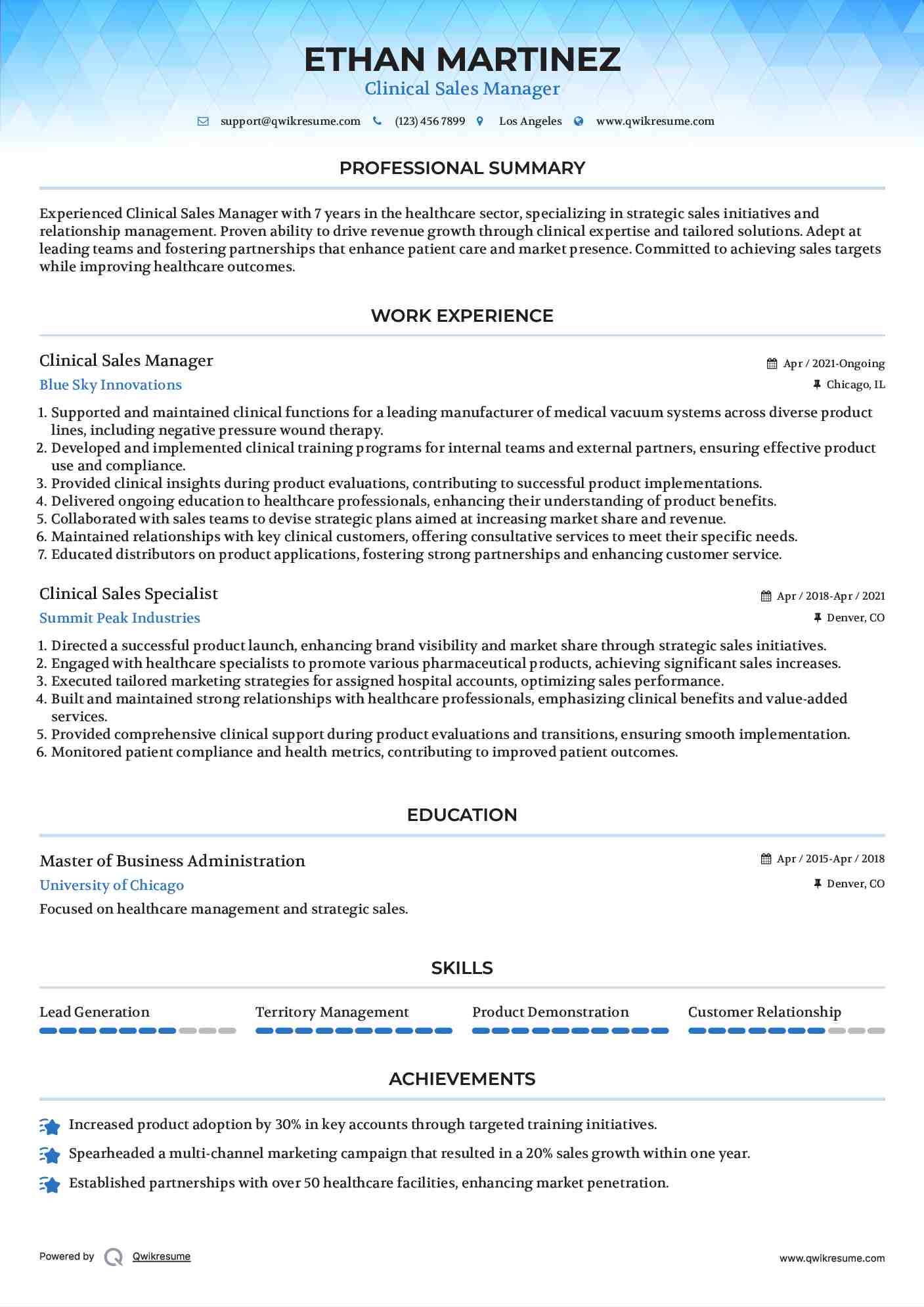 Clinical Sales Manager Resume Model