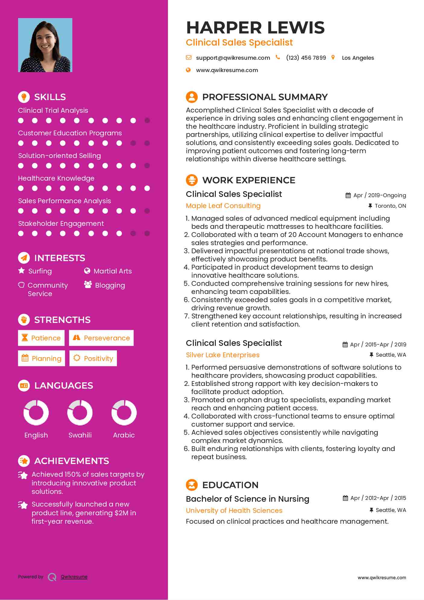Clinical Sales Specialist Resume Format
