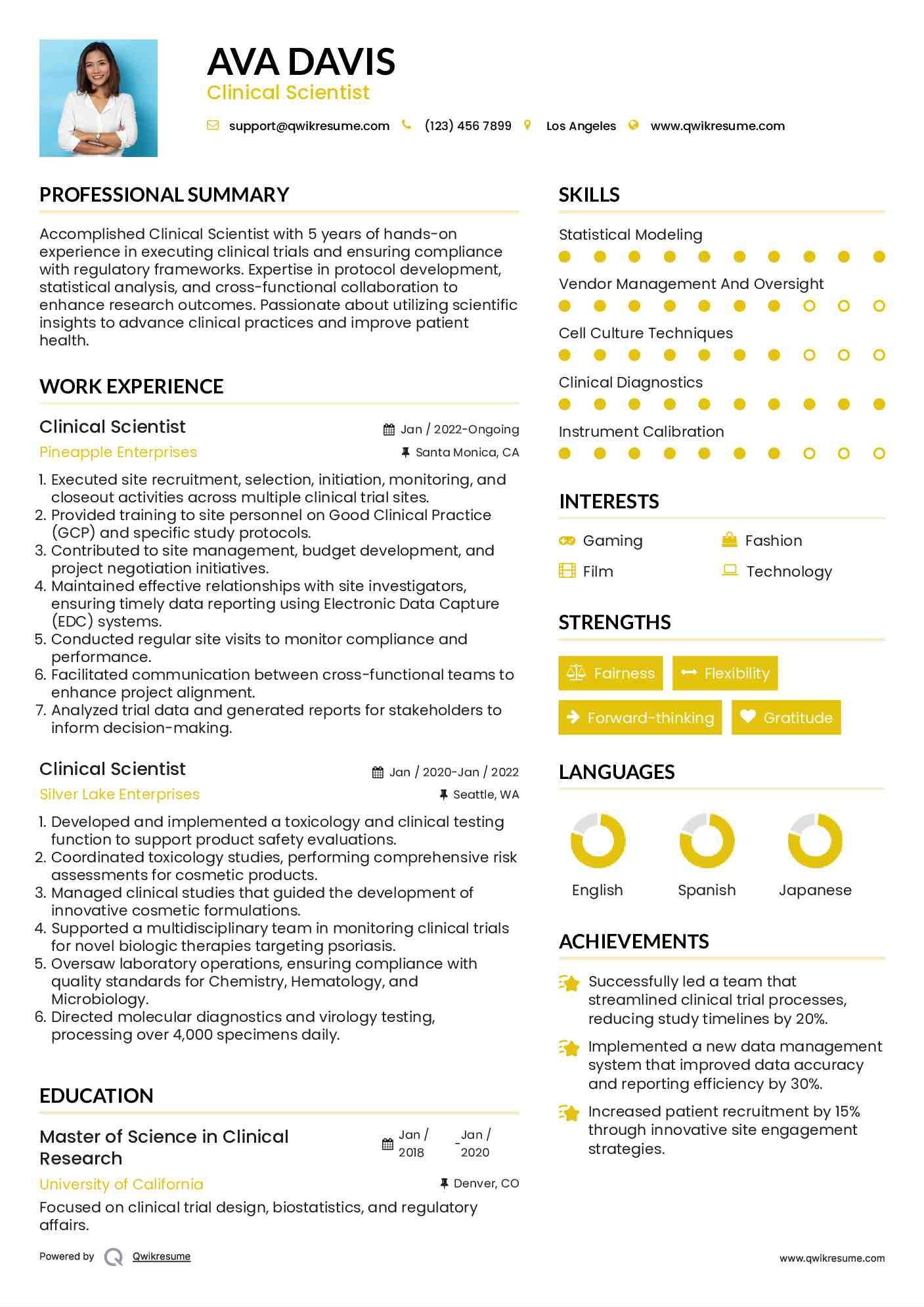 Clinical Scientist Resume Example