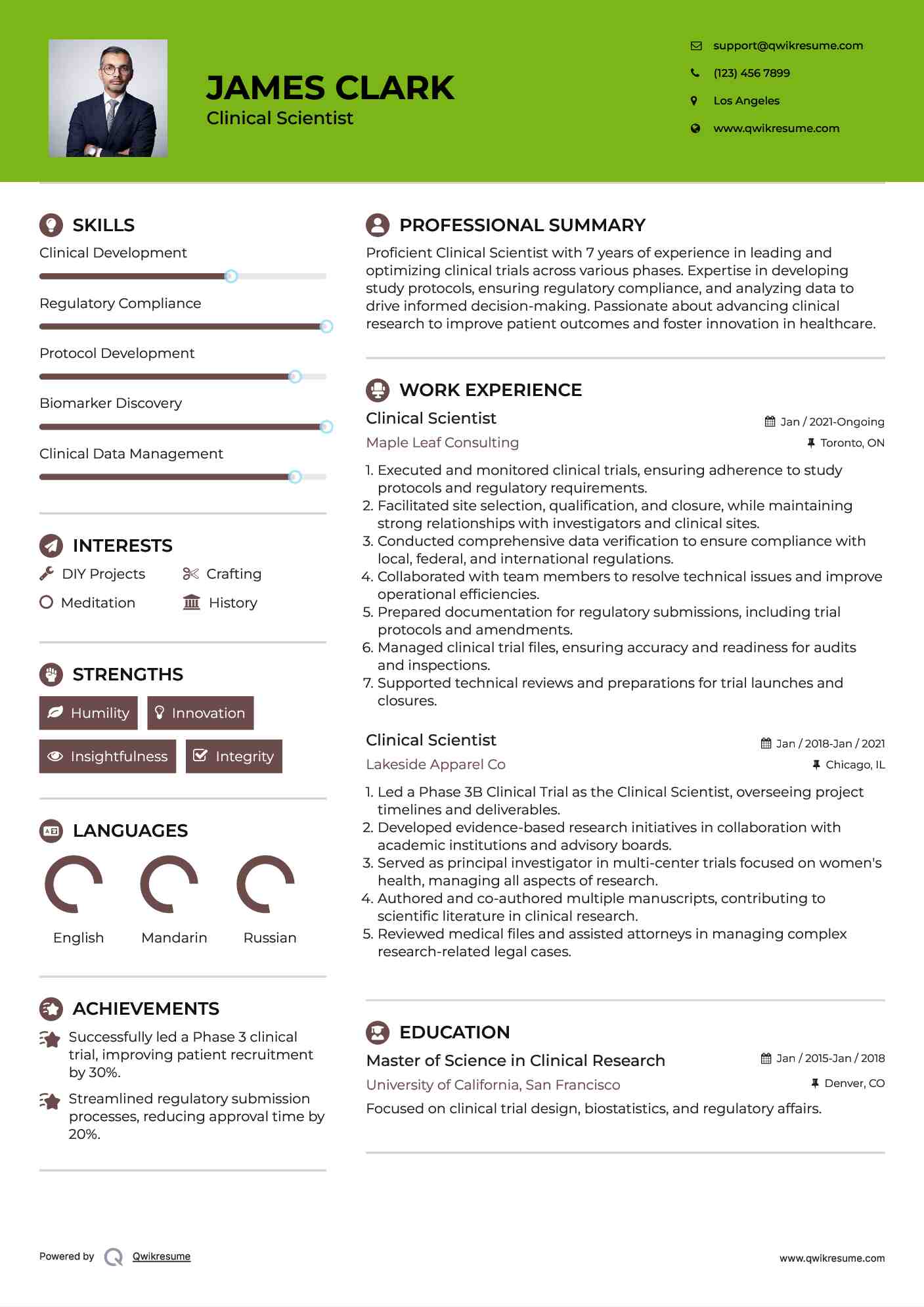 Clinical Scientist Resume Example