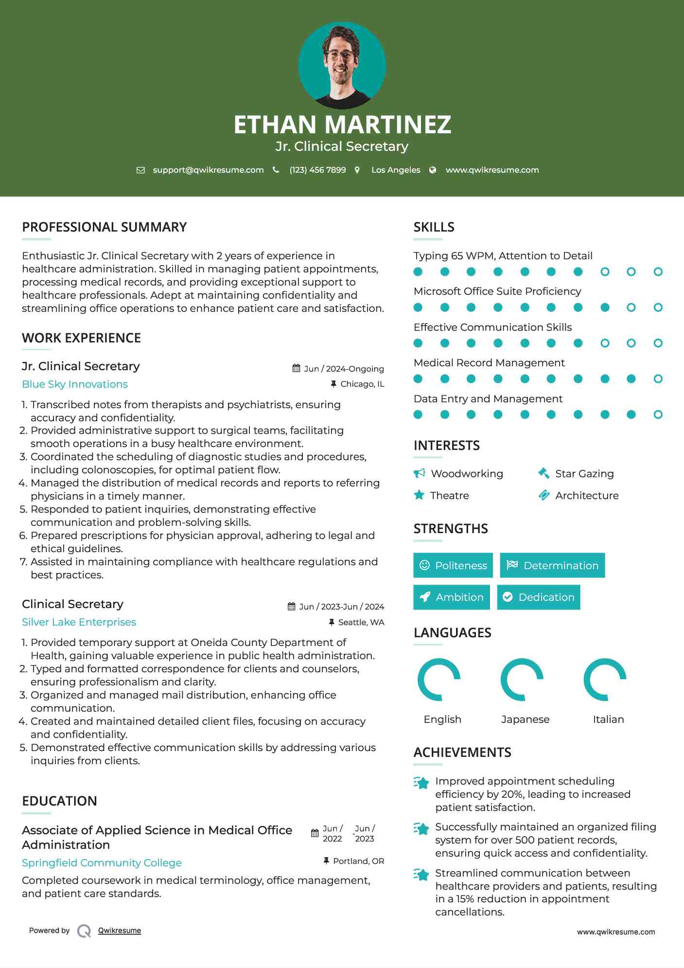 Jr. Clinical Secretary Resume Format