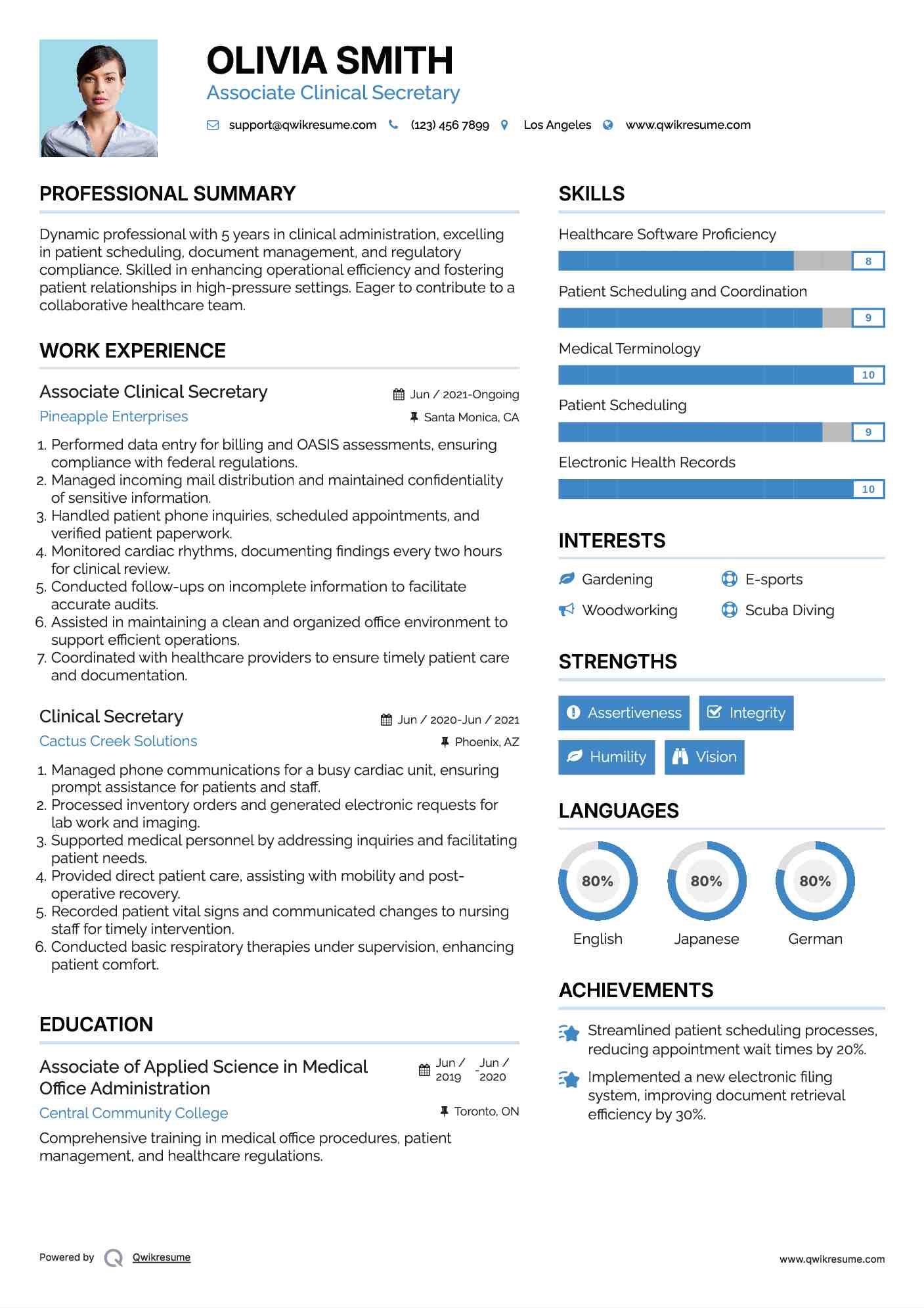 Associate Clinical Secretary Resume Template