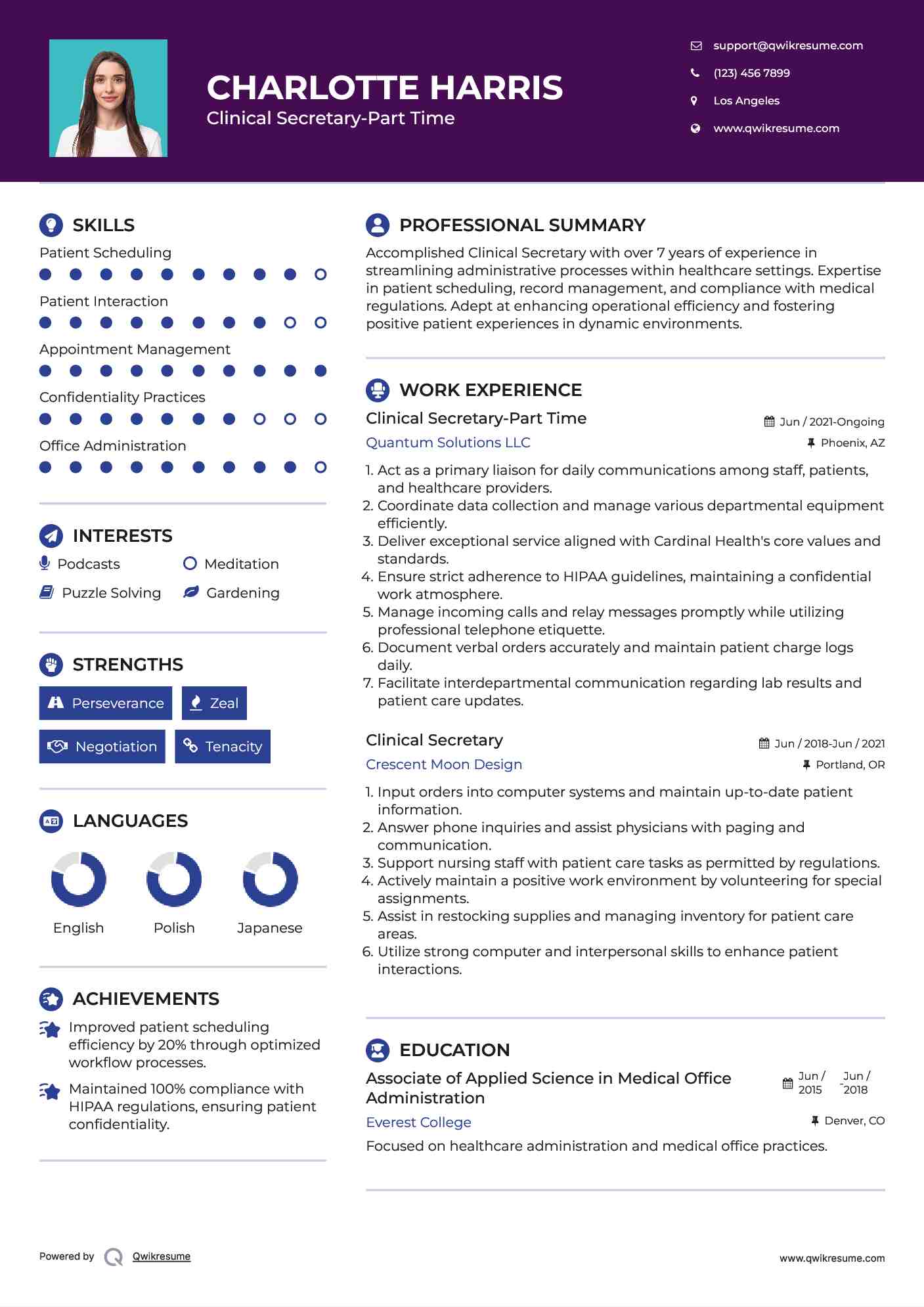 Clinical Secretary-Part Time Resume Template