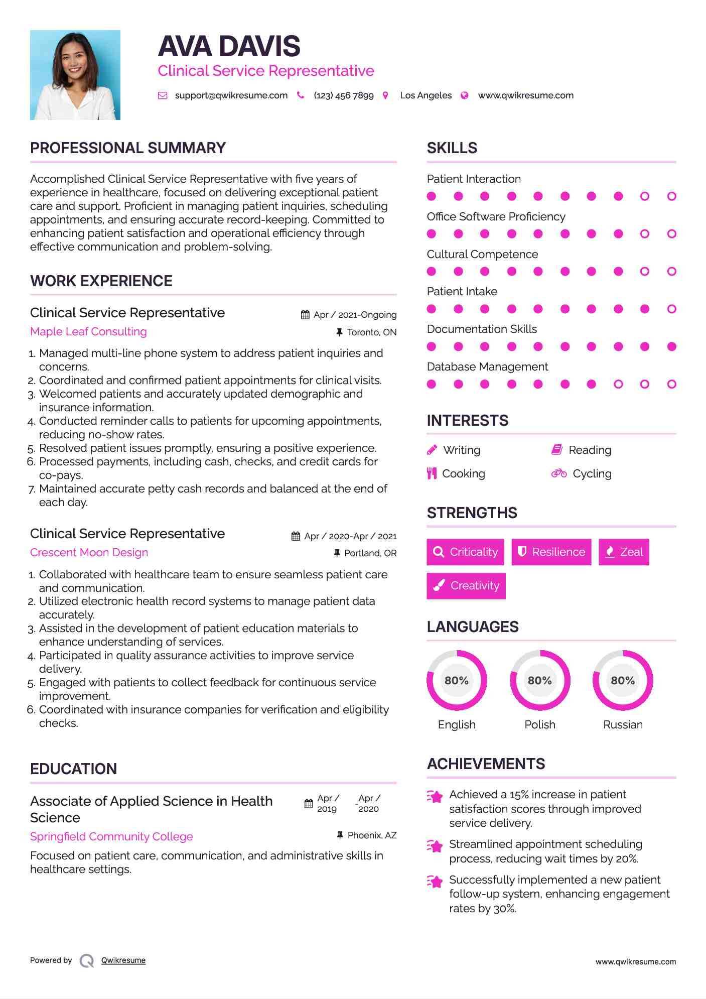 Clinical Service Representative Resume Example