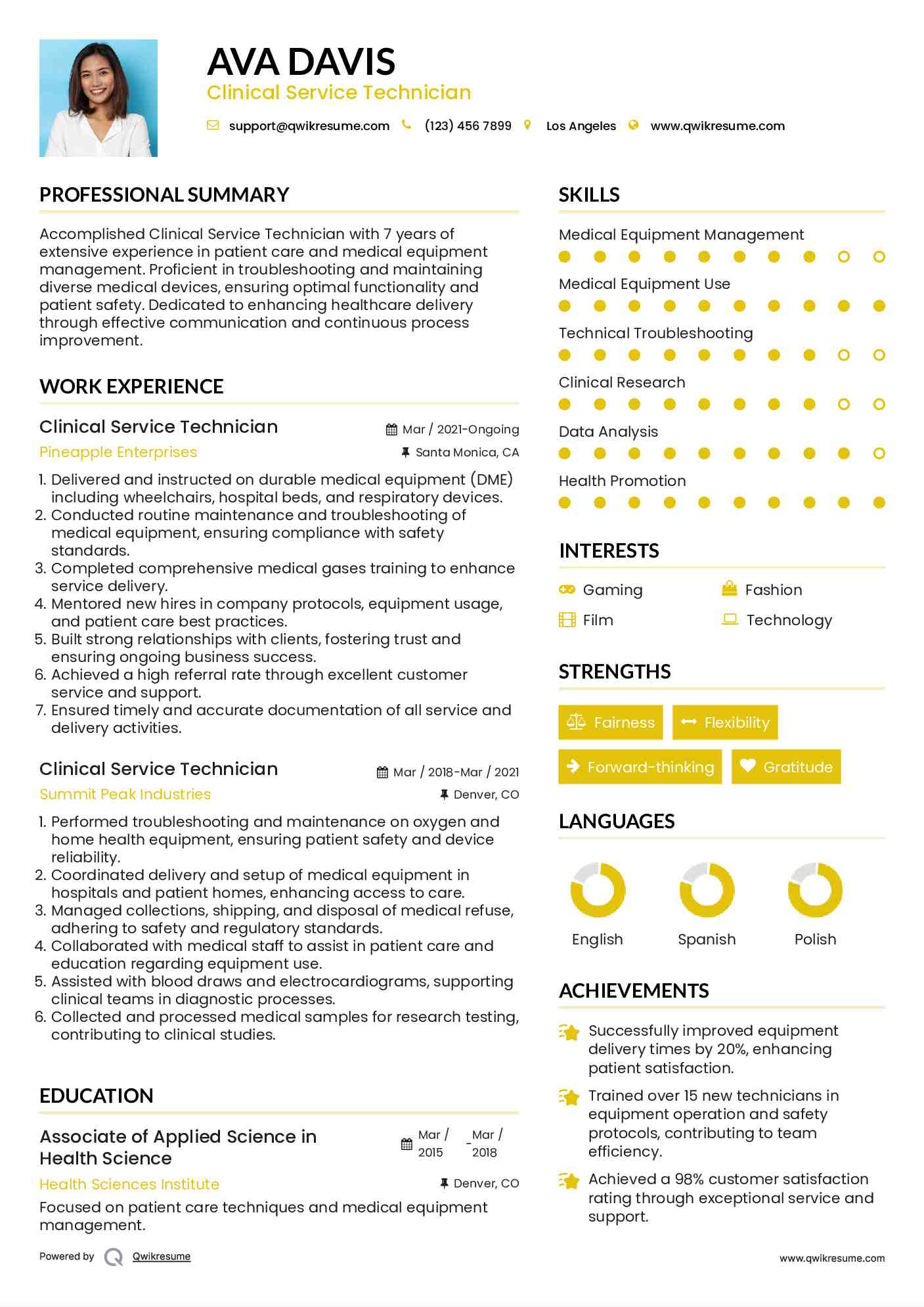 Clinical Service Technician Resume Model