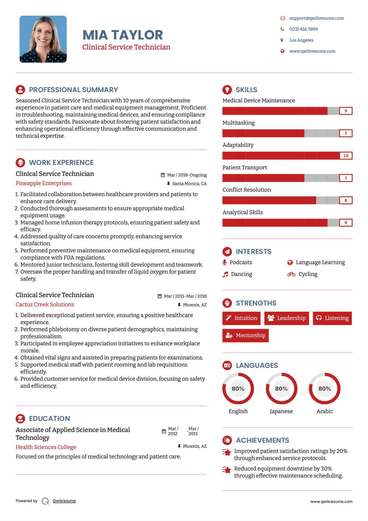 Clinical Service Technician Resume Model