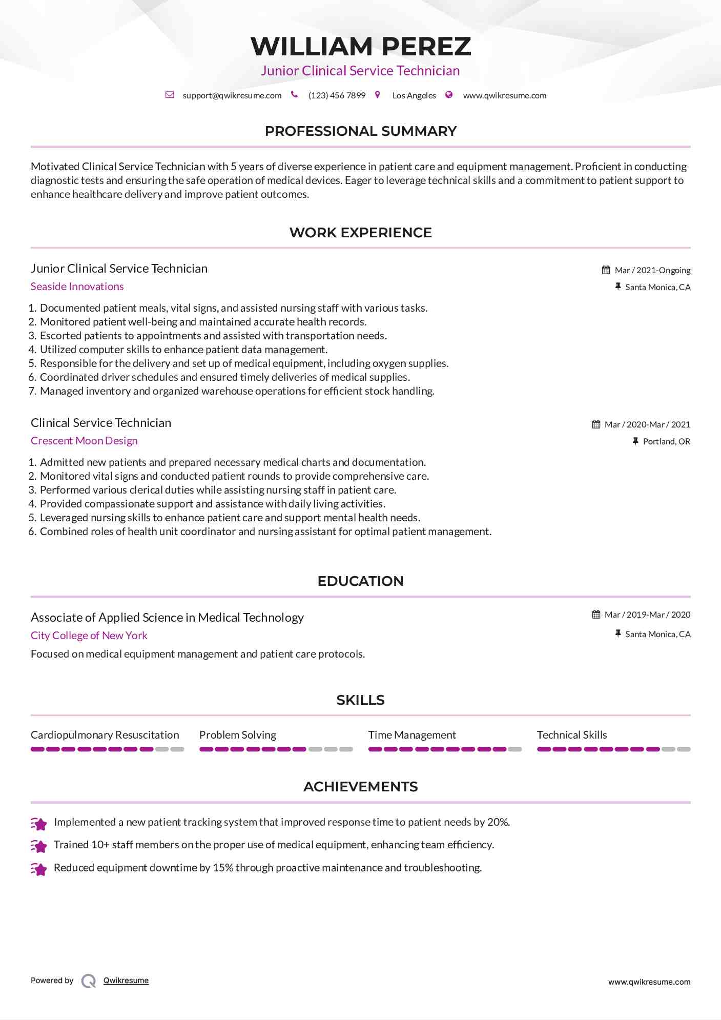 Junior Clinical Service Technician Resume Example