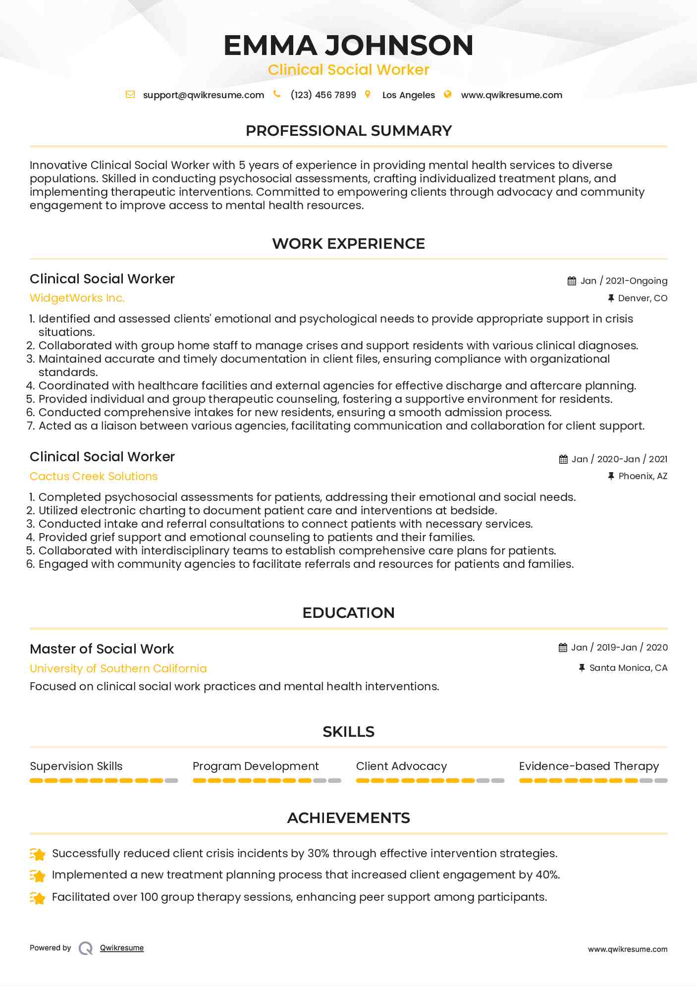 Clinical Social Worker  Resume Template