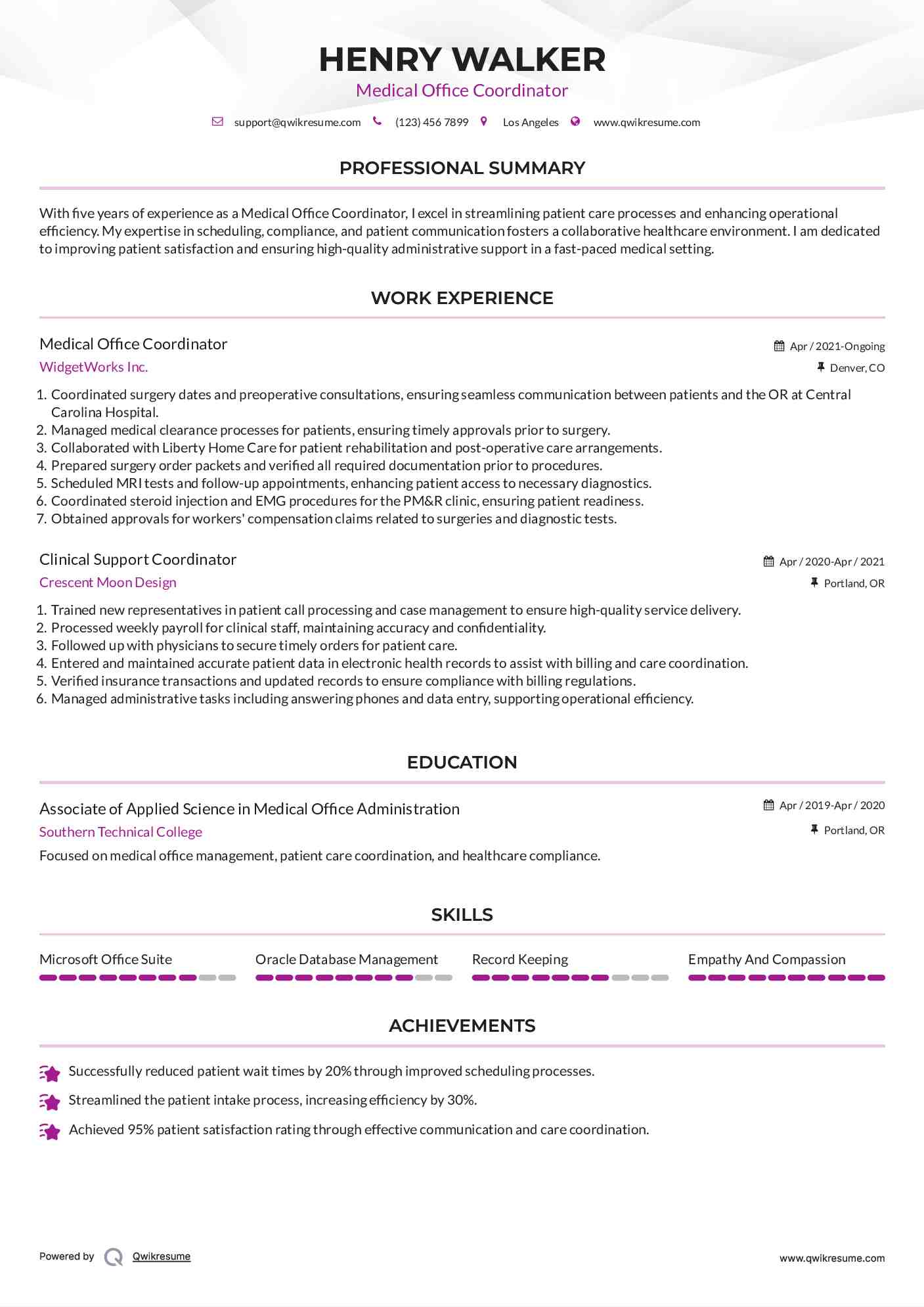 Medical Office Coordinator Resume Example