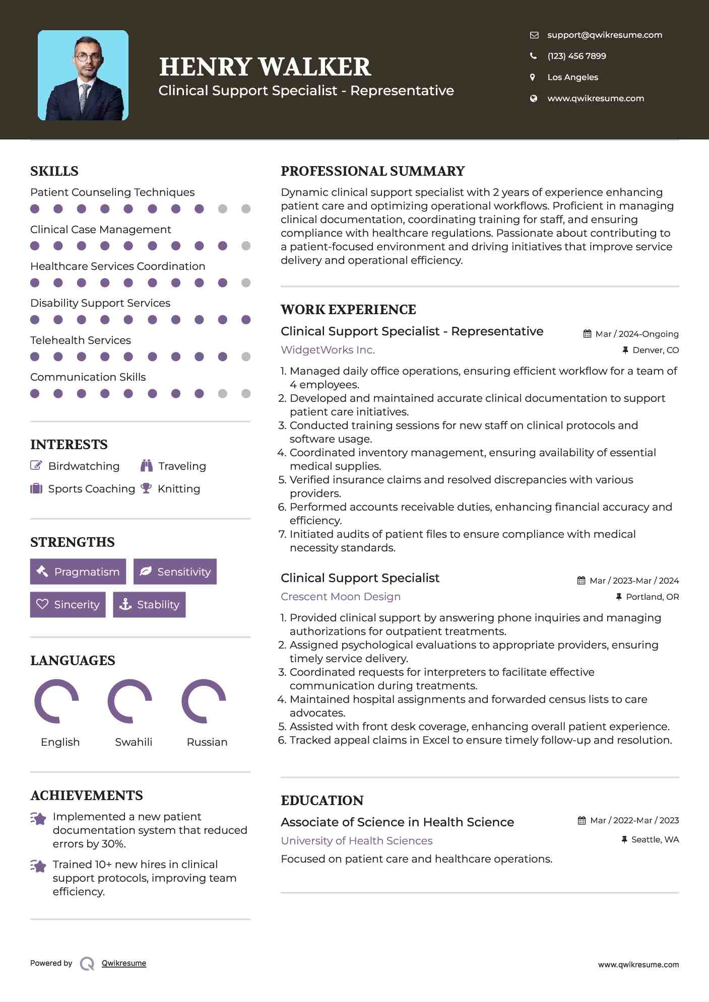 Clinical Support Specialist - Representative Resume Example