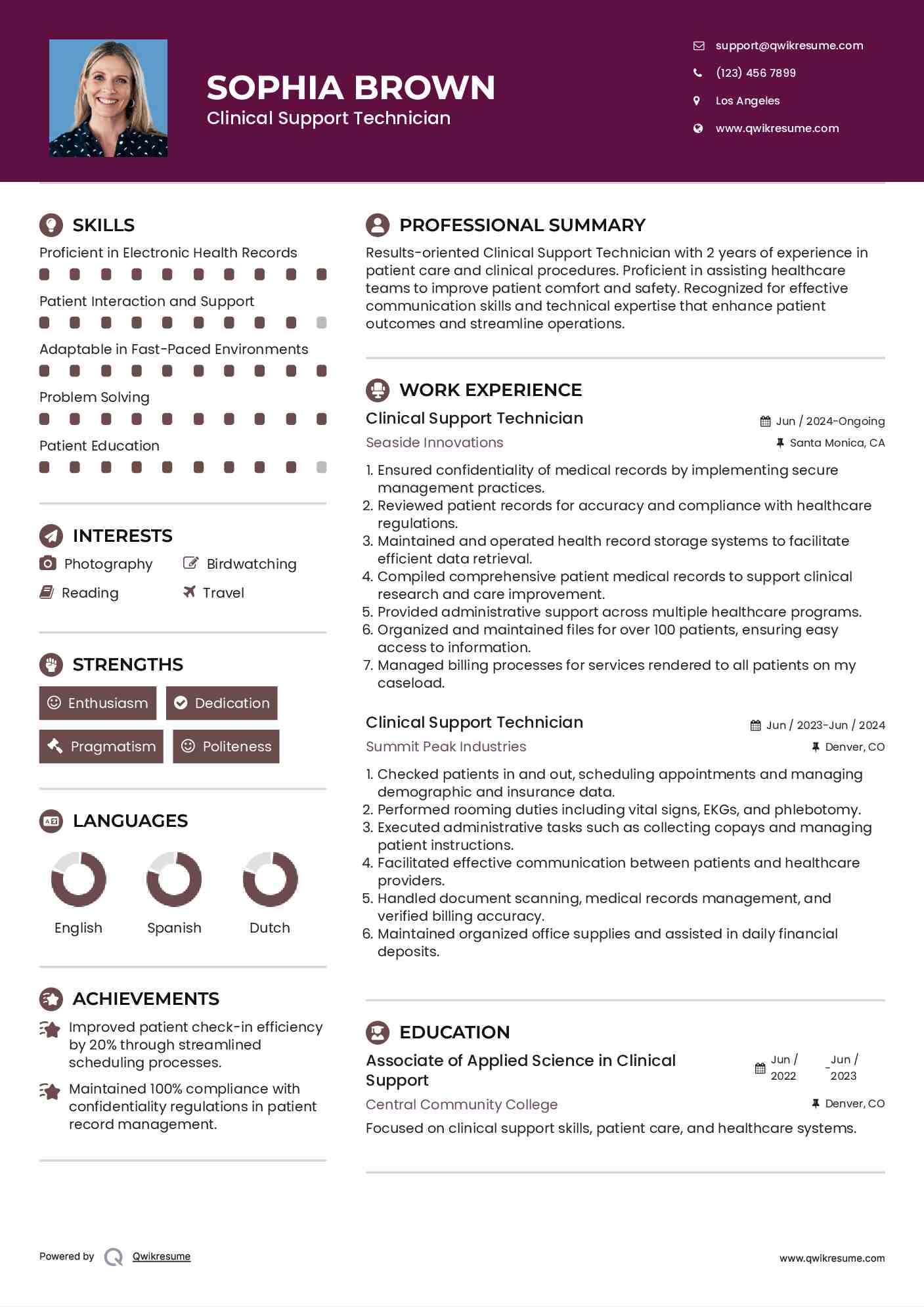 Clinical Support Technician Resume Sample