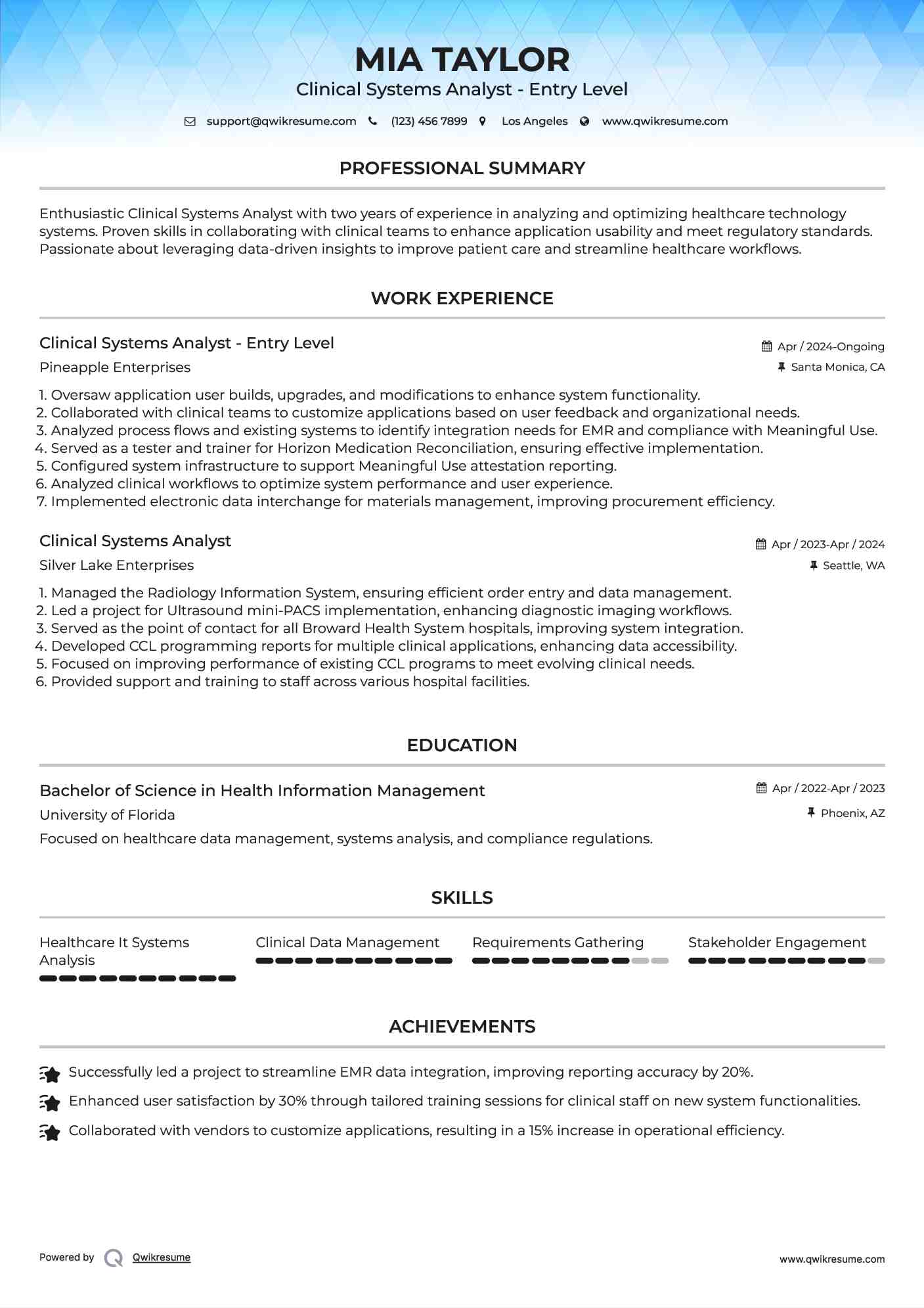 Clinical Systems Analyst - Entry Level Resume Sample