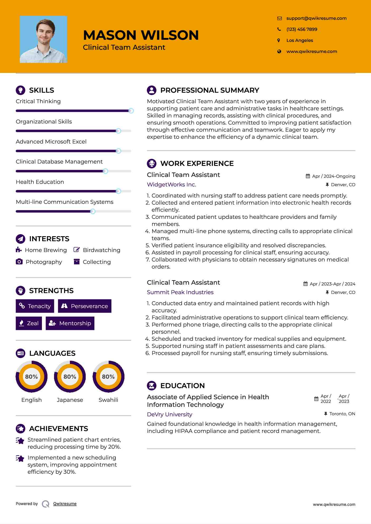 Clinical Team Assistant Resume Sample