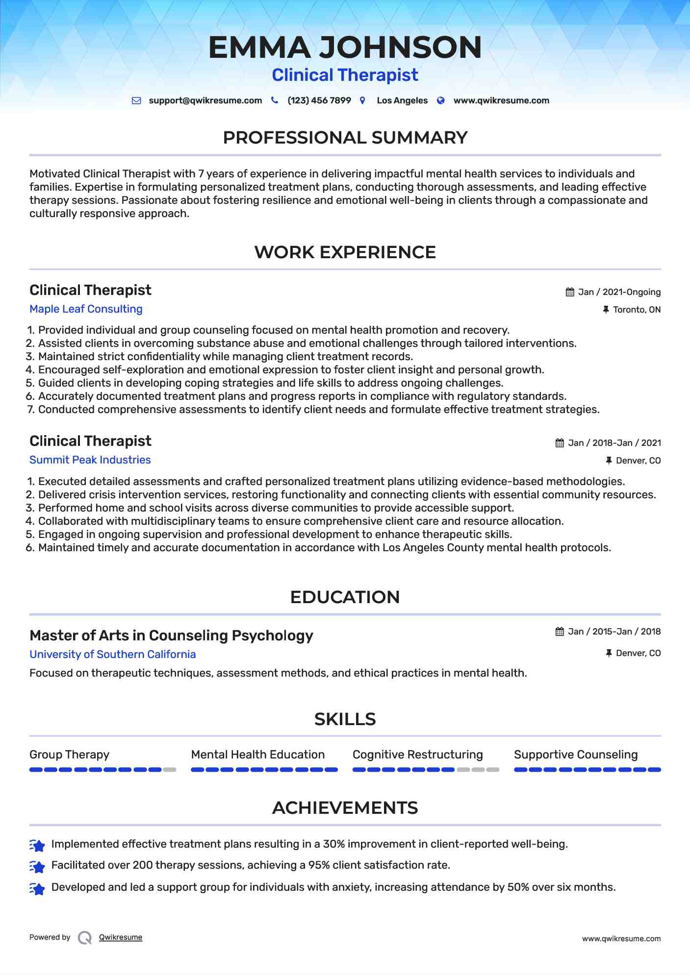 Clinical Therapist  Resume Template