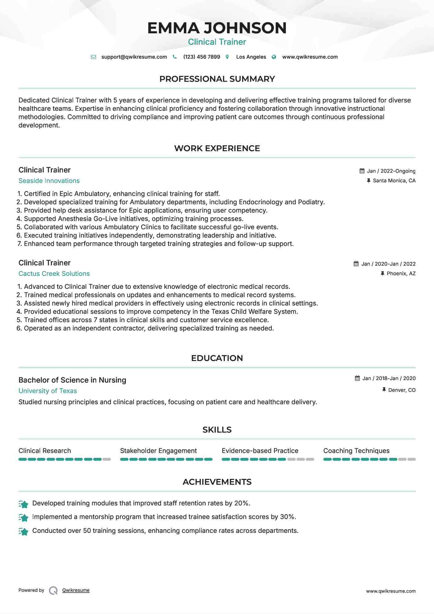 Clinical Trainer Resume Format