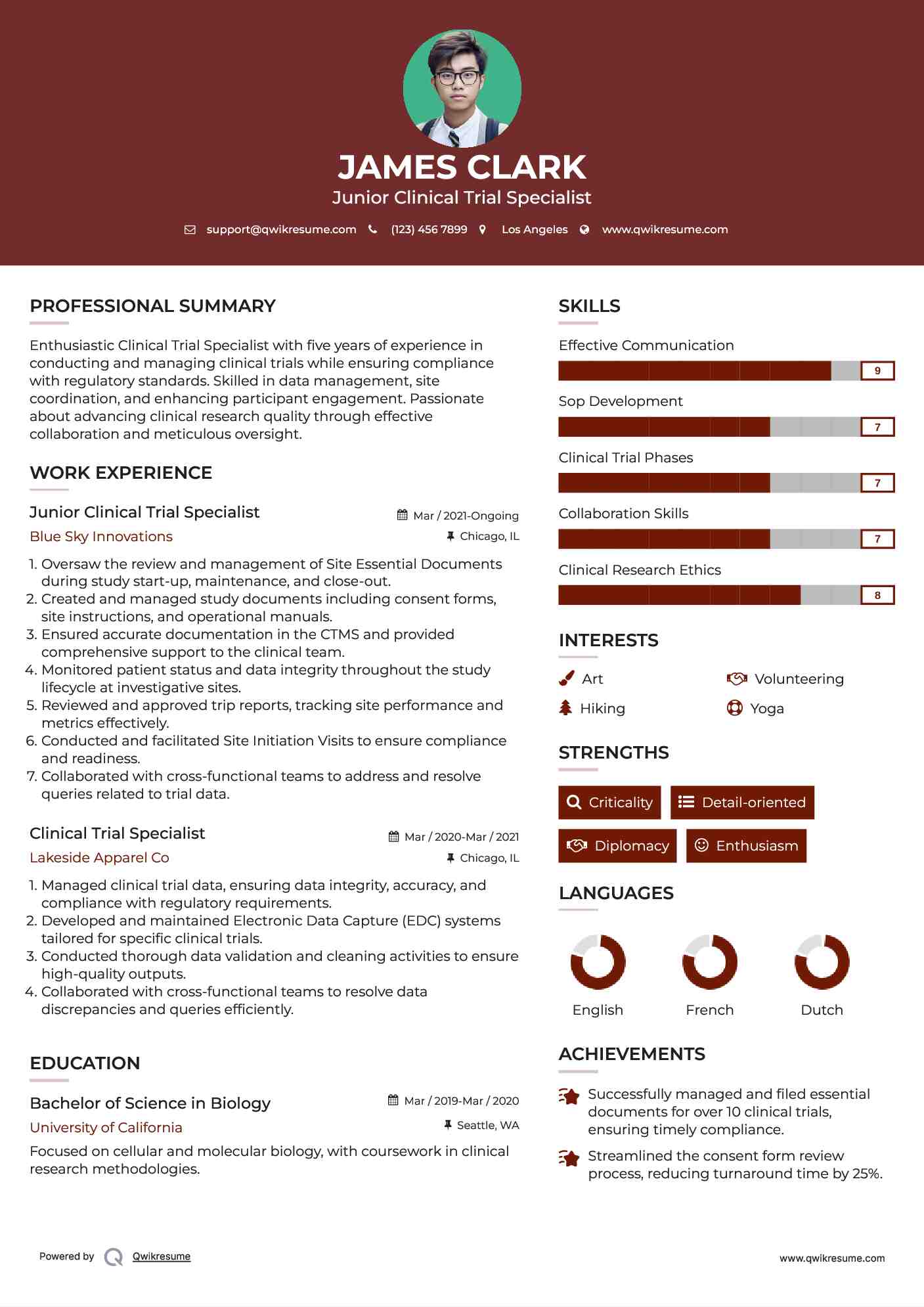 Junior Clinical Trial Specialist Resume Template