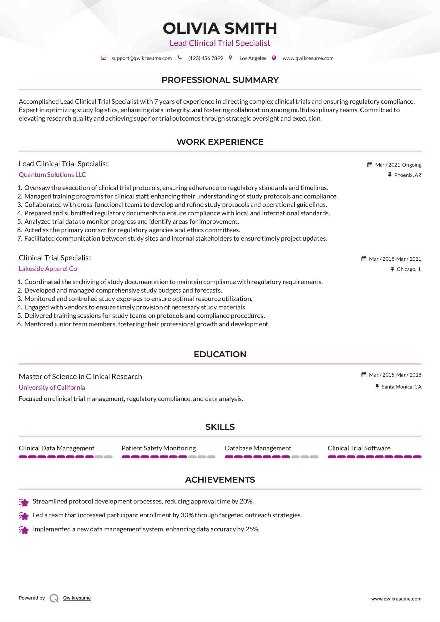 Lead Clinical Trial Specialist Resume Sample