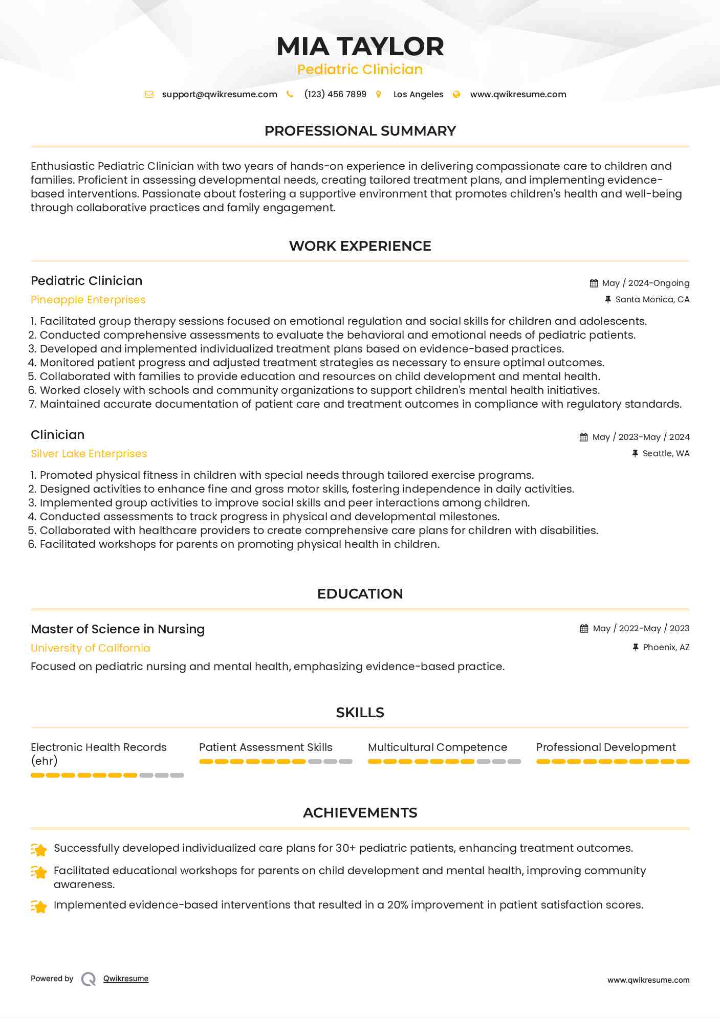 Pediatric Clinician Resume Example