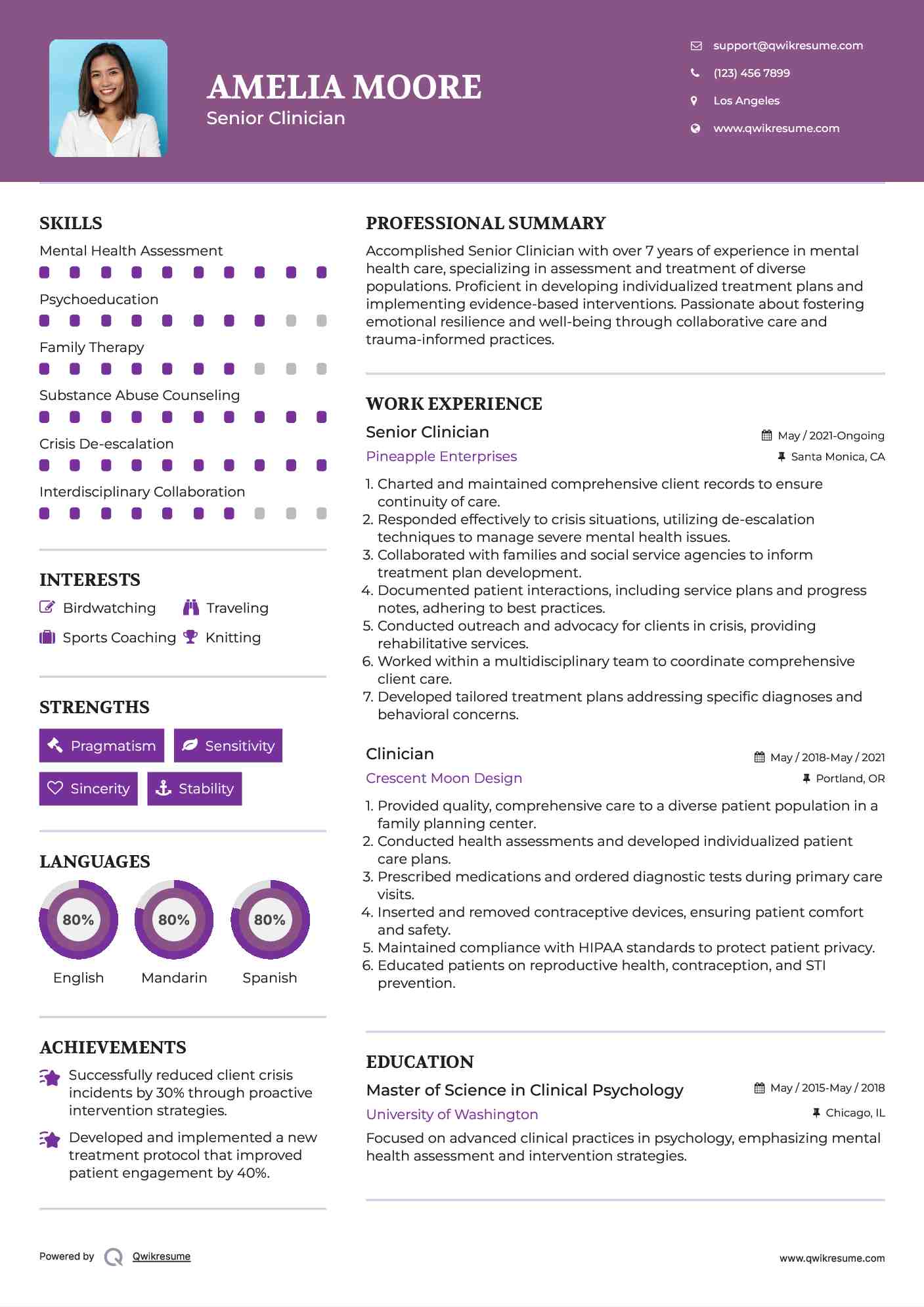 Senior Clinician Resume Sample