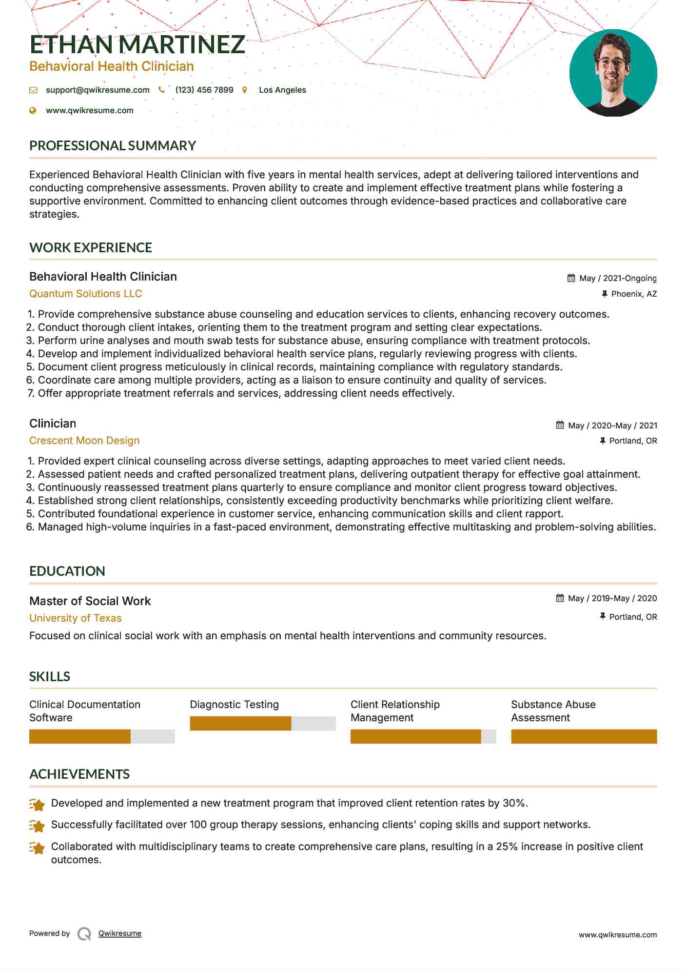 Behavioral Health Clinician Resume Sample