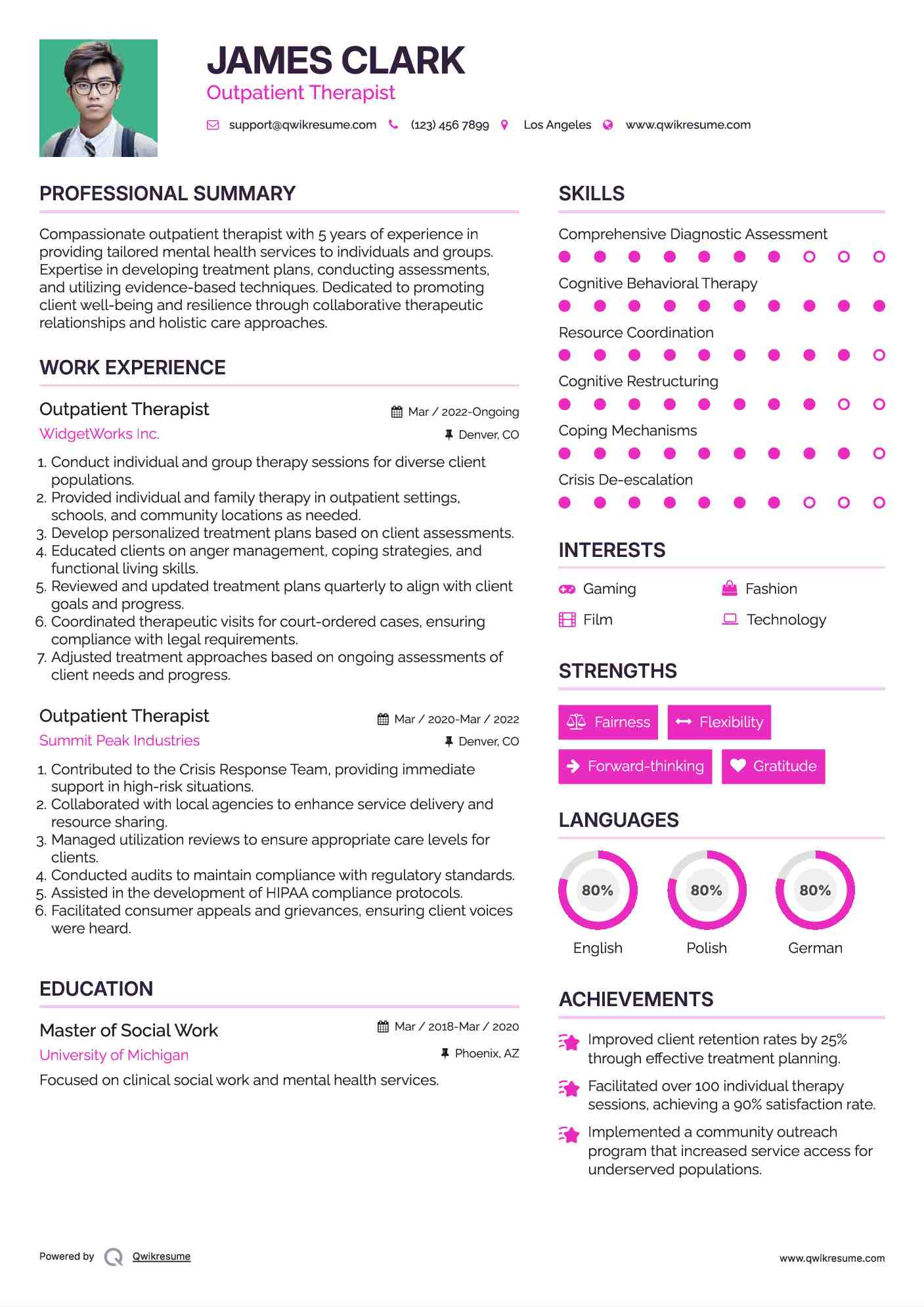 Outpatient Therapist Resume Sample