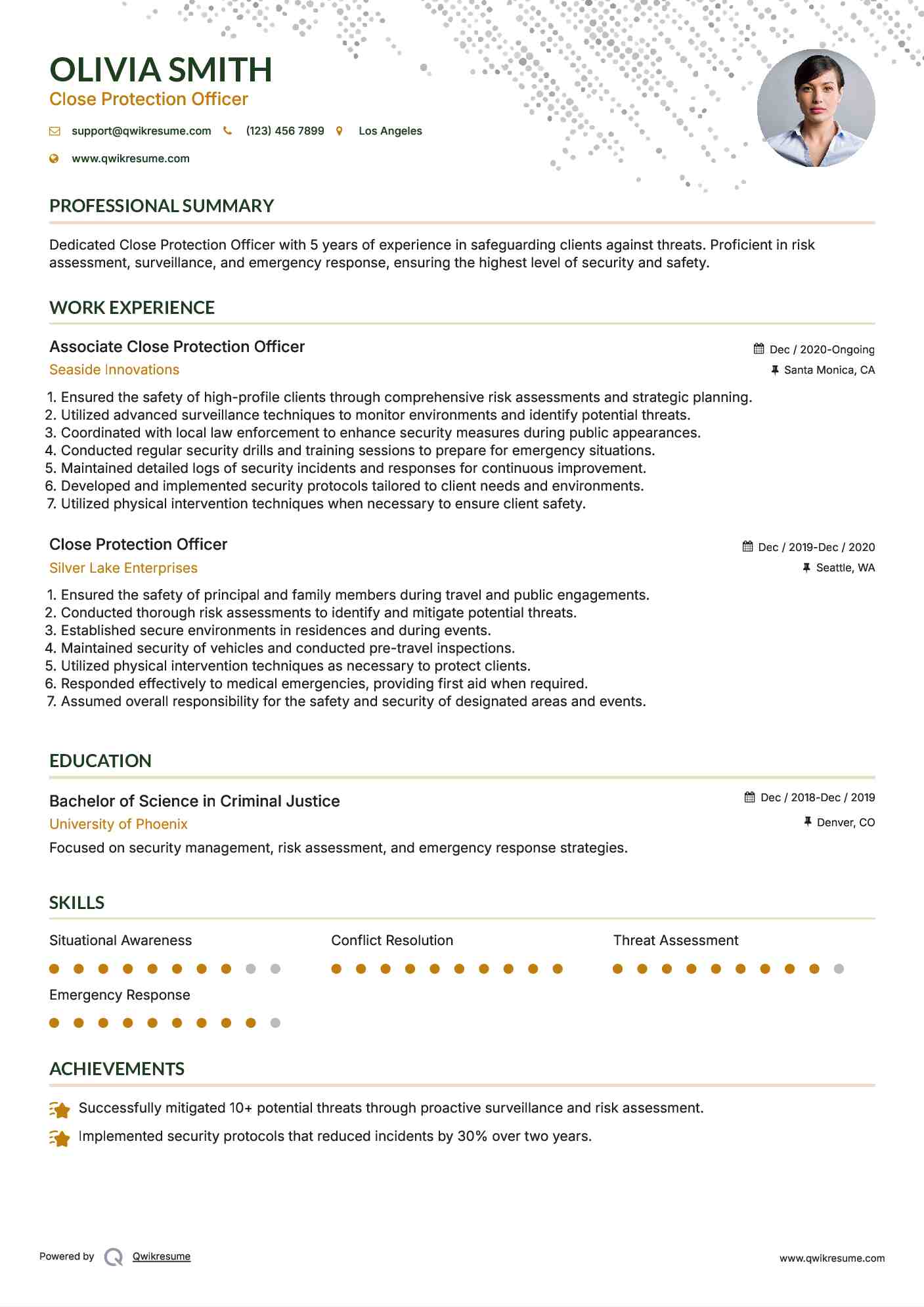 Associate Close Protection Officer Resume Format