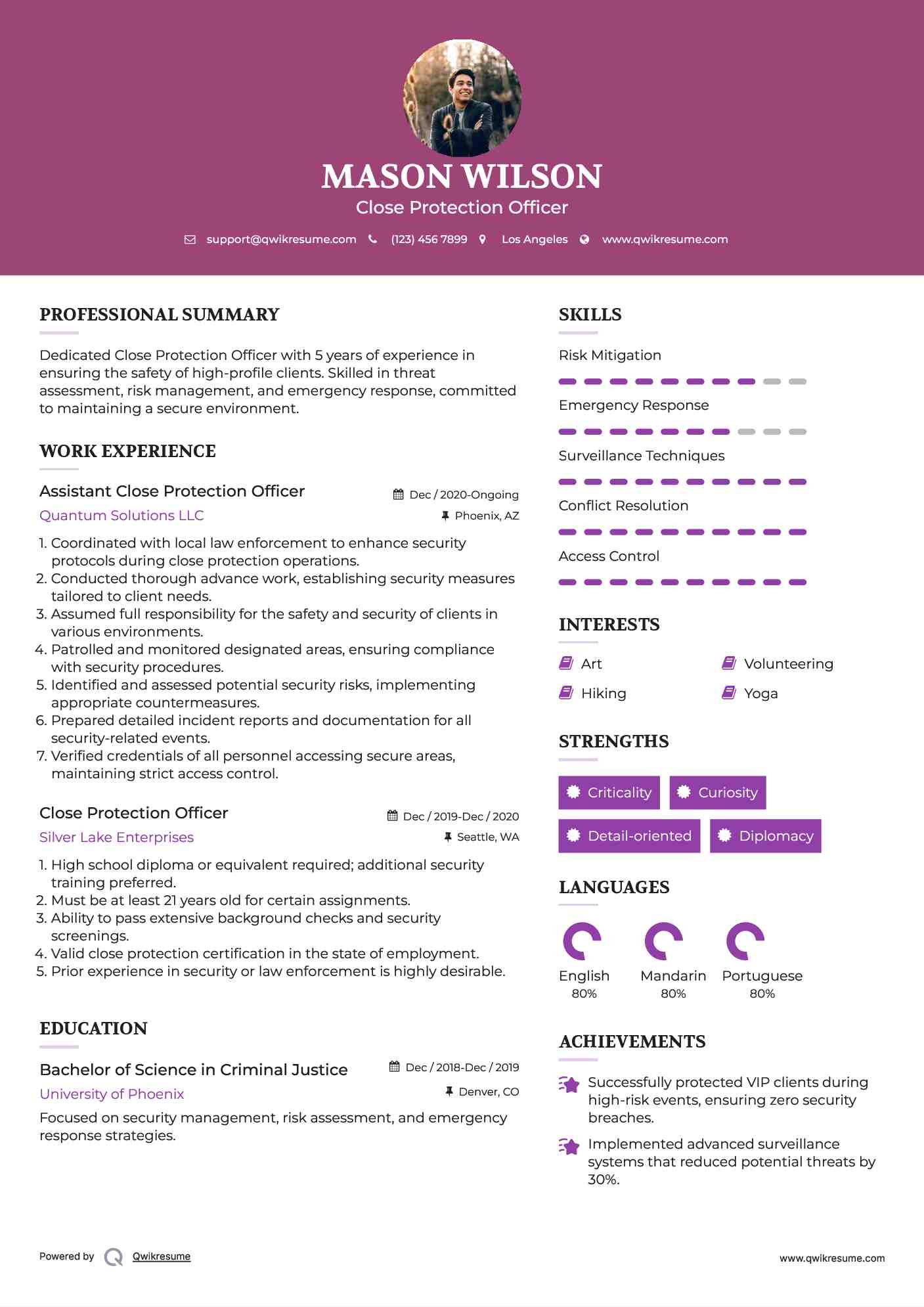 Assistant Close Protection Officer Resume Example