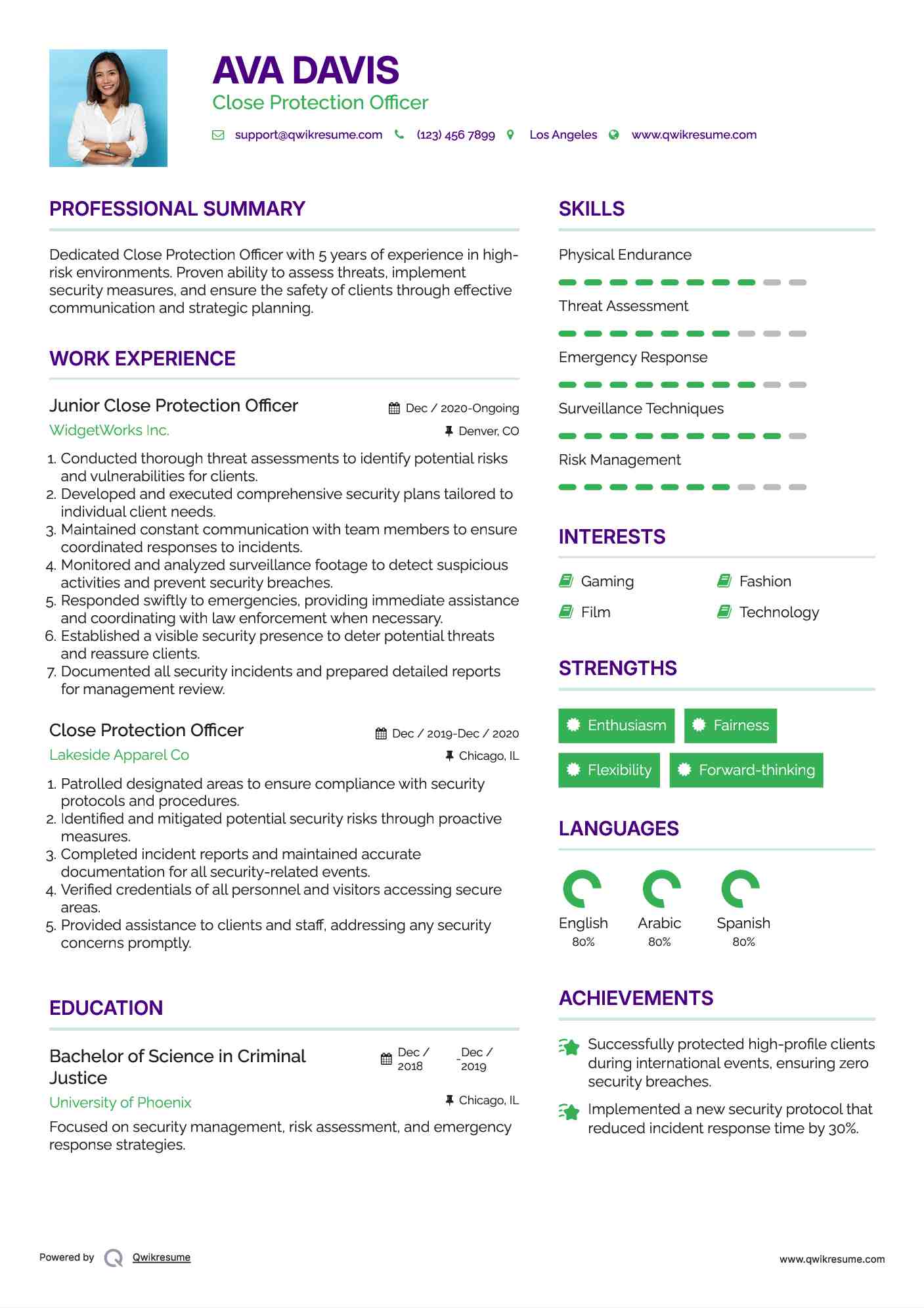 Junior Close Protection Officer Resume Model