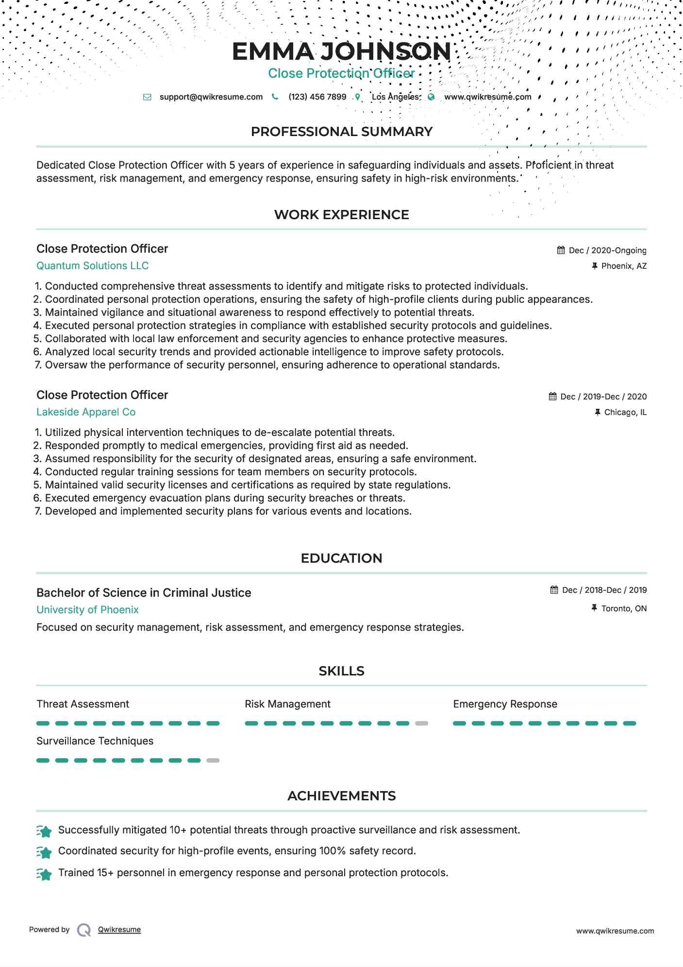 Close Protection Officer Resume Example