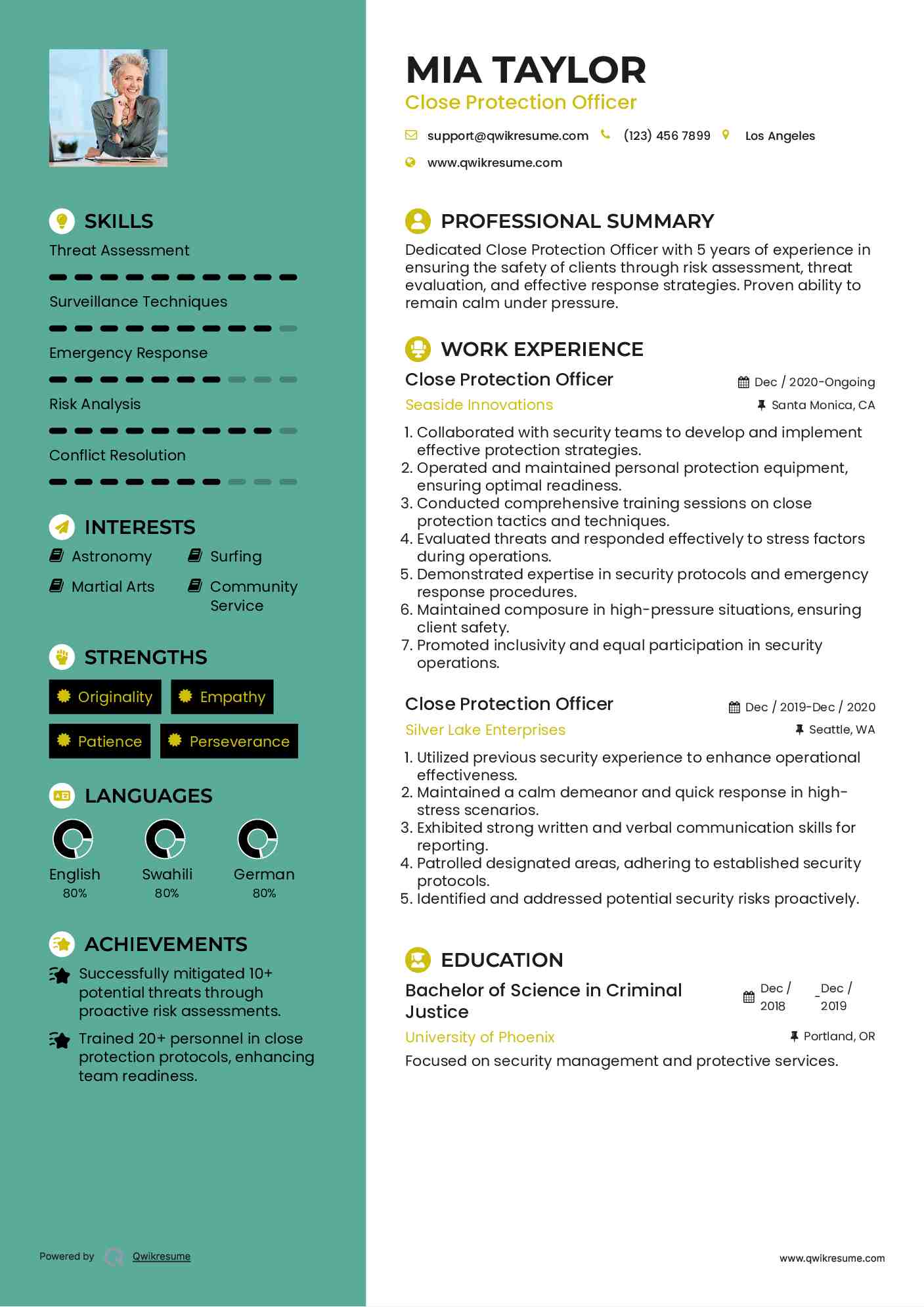 Close Protection Officer Resume Format