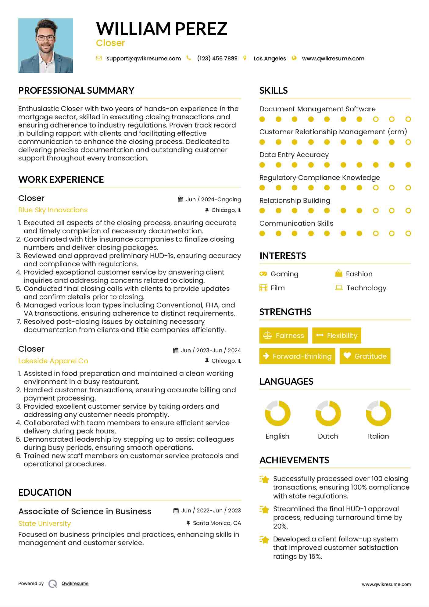 Closer Resume Sample