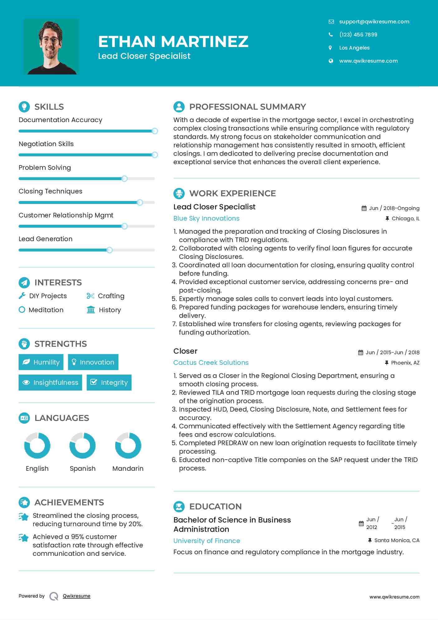 Lead Closer Specialist Resume Example
