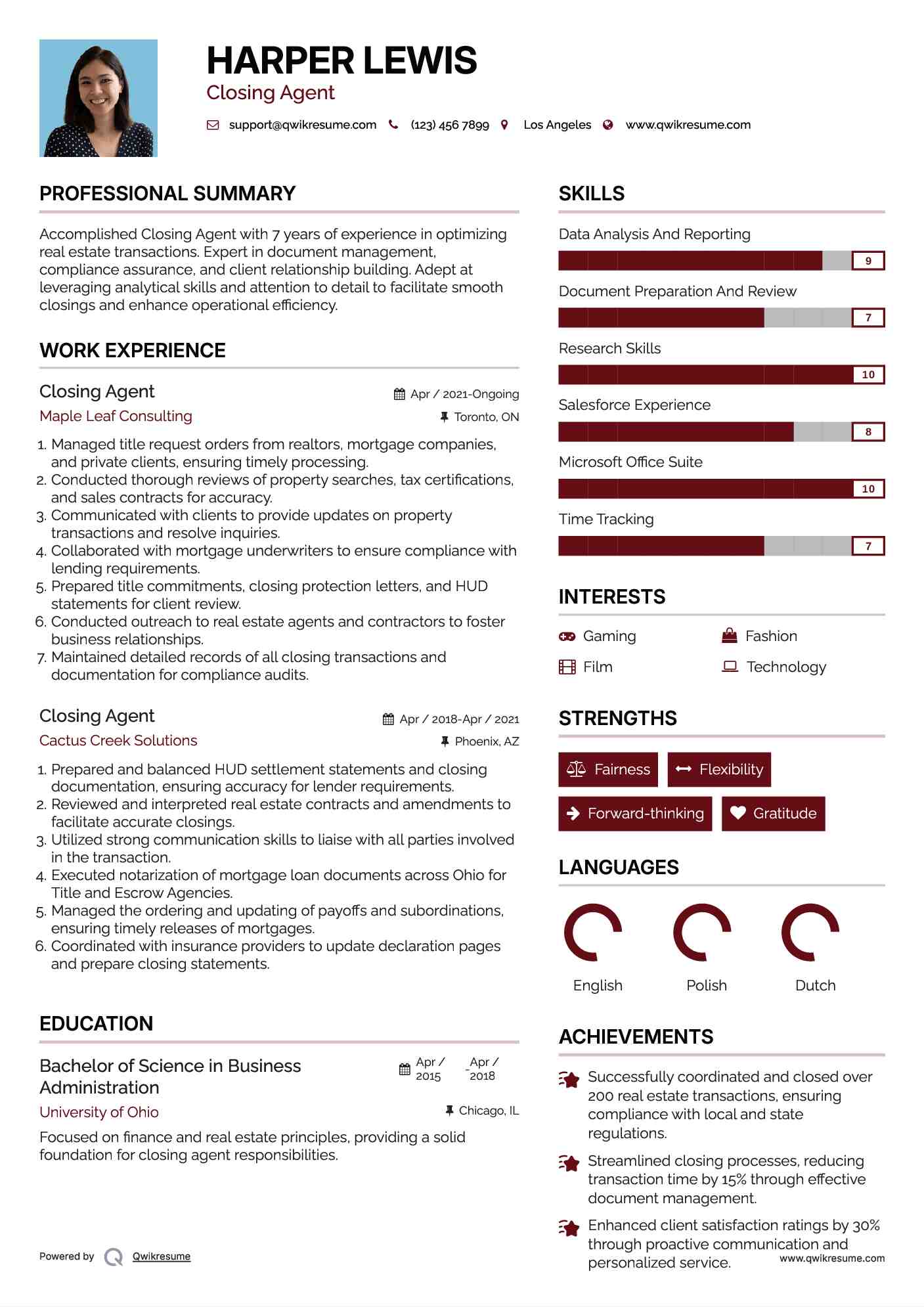 Closing Agent Resume Example