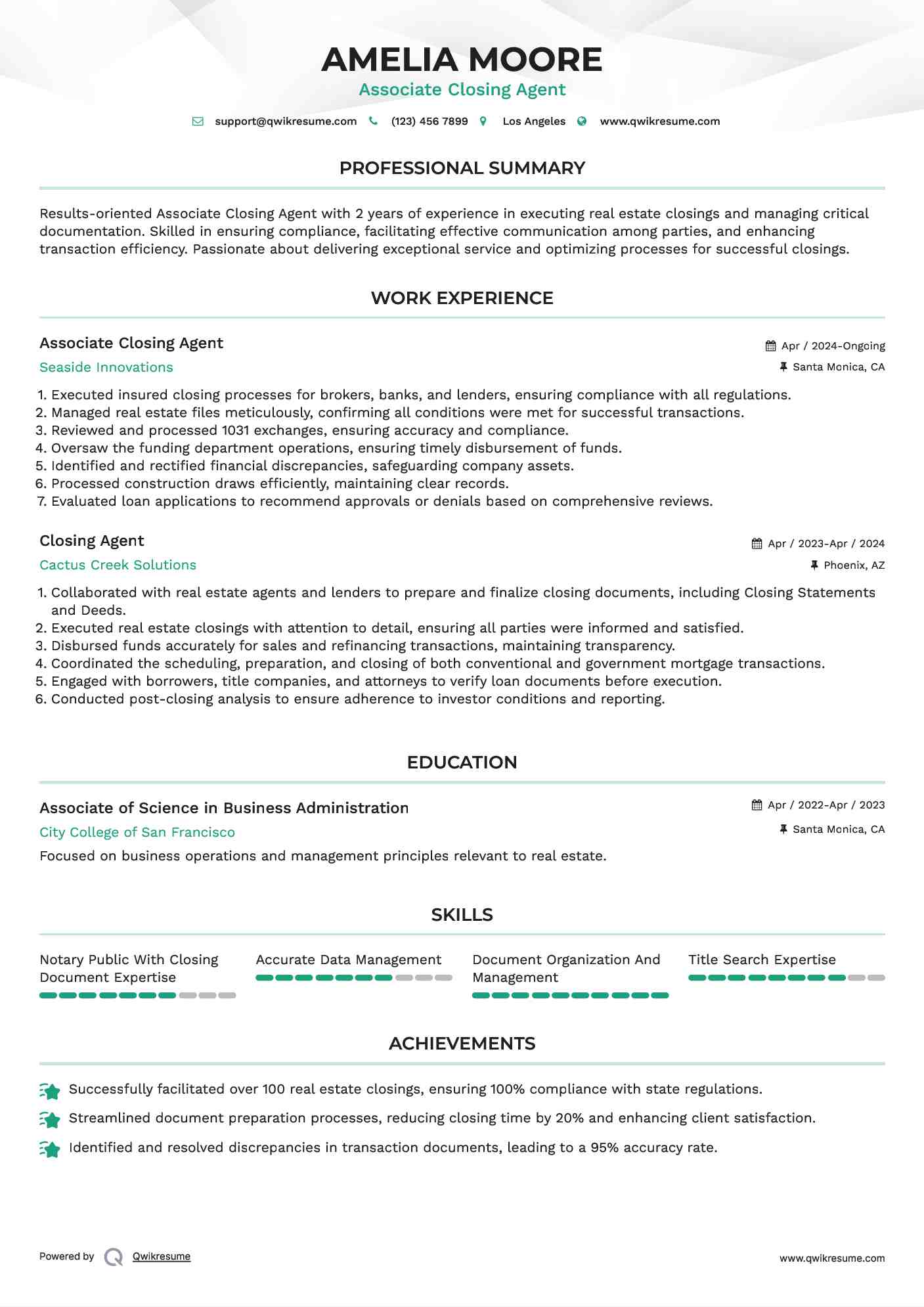 Associate Closing Agent Resume Template