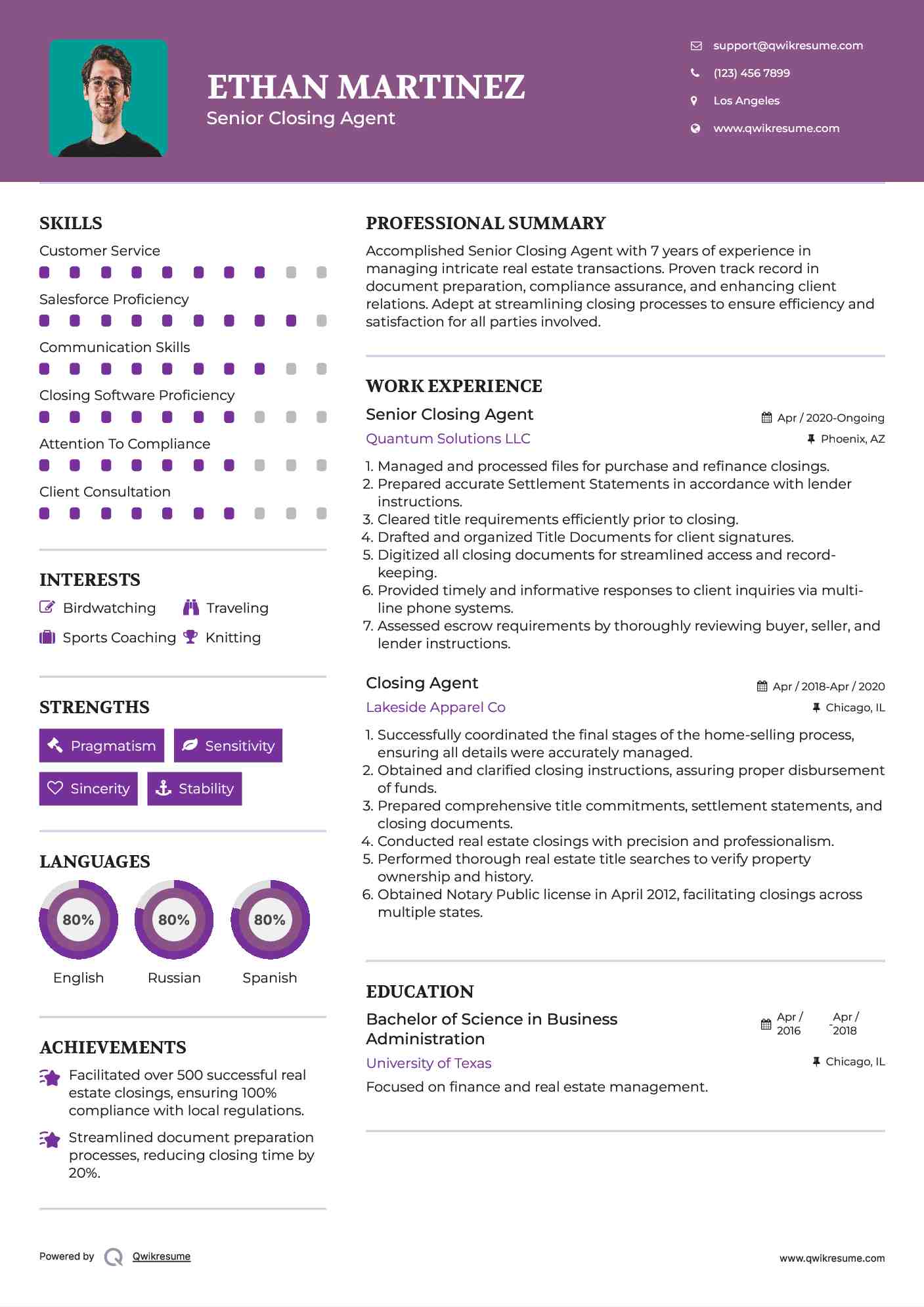 Senior Closing Agent Resume Format
