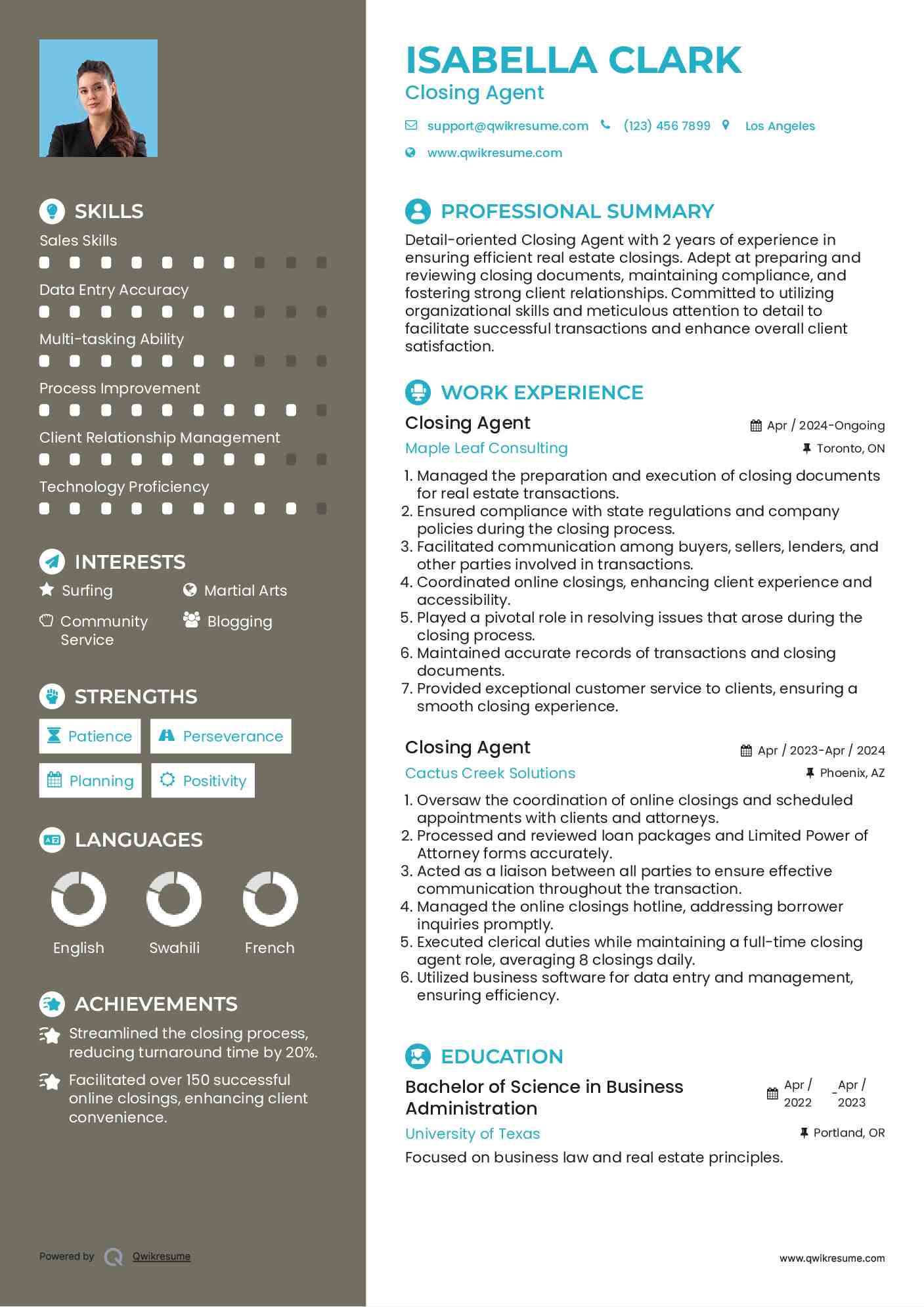 Closing Agent Resume Sample