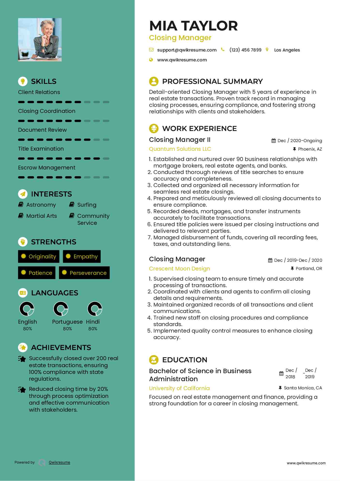 Closing Manager II Resume Model