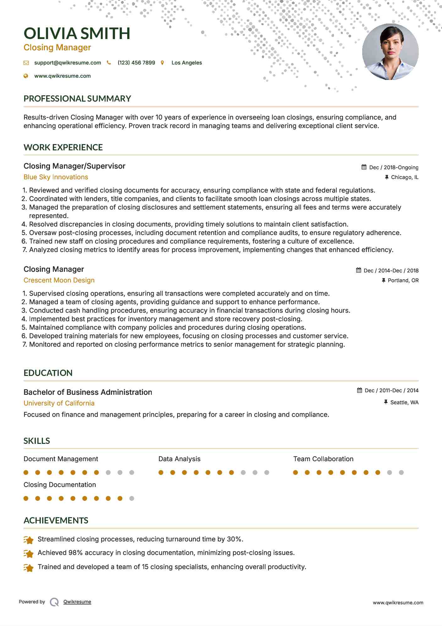 Closing Manager/Supervisor Resume Format