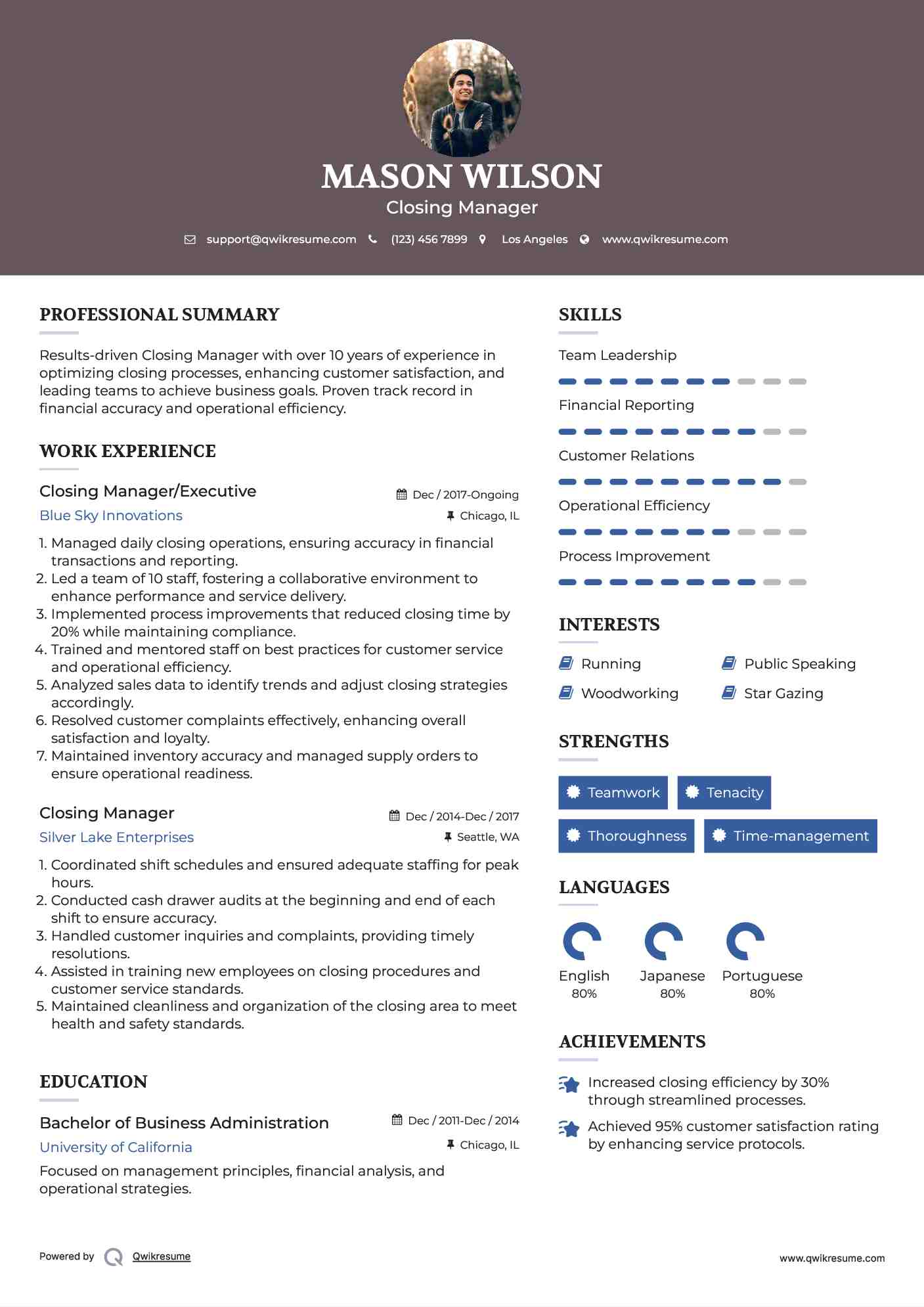 Closing Manager/Executive Resume Example