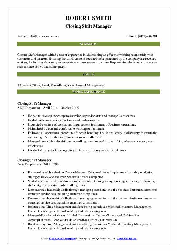 Closing Shift Manager Resume Samples QwikResume