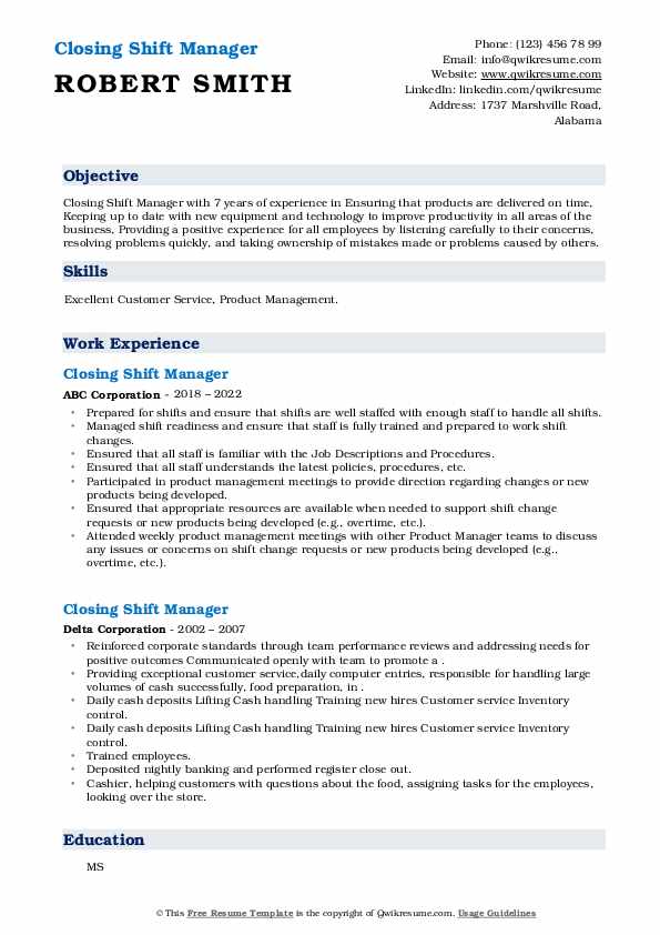 Closing Shift Manager Resume Samples - Closing Shift Manager 1654072891 Pdf 
